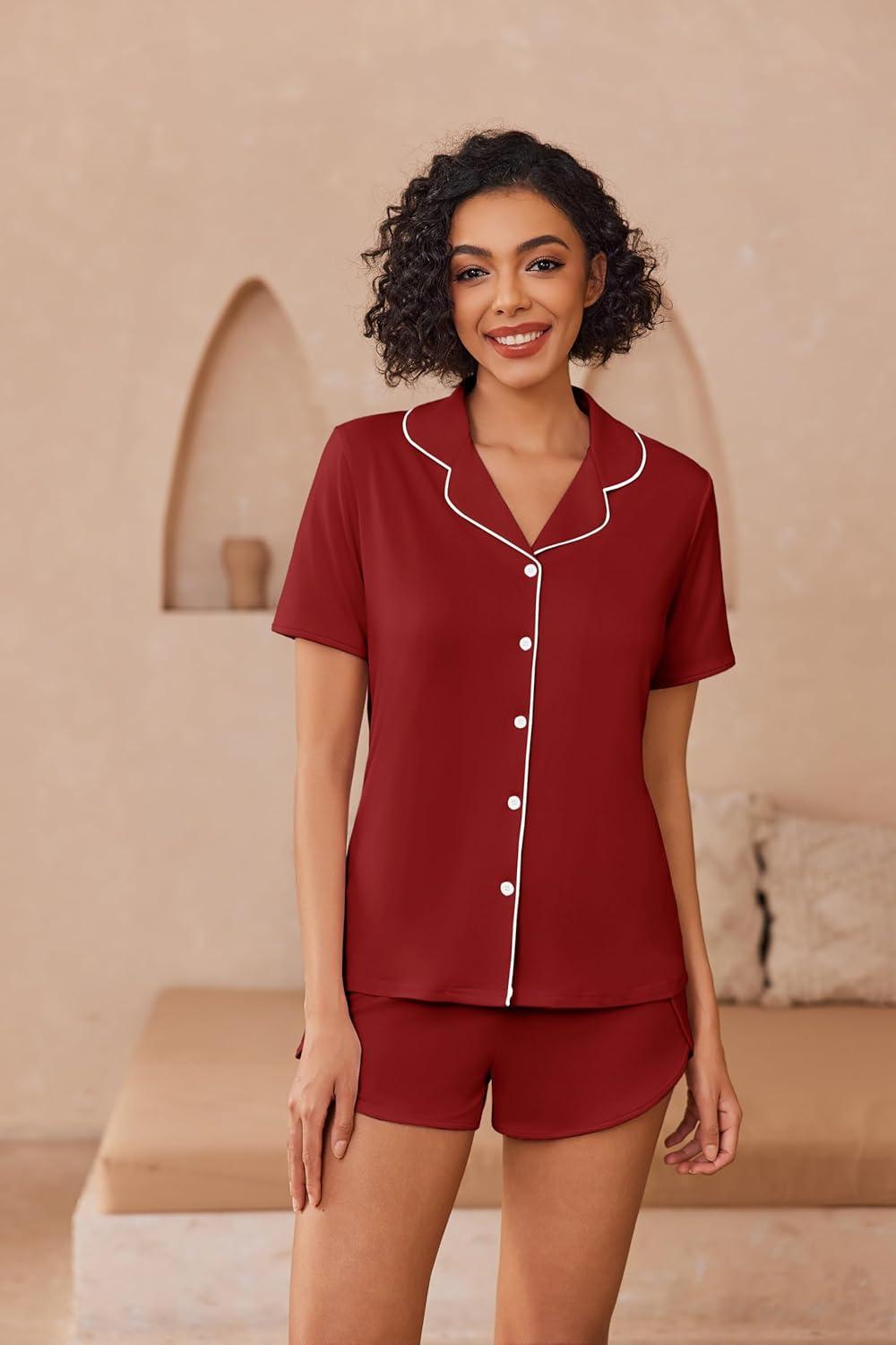 imageEkouaer Pajamas for Women Set Button Up Sleepwear 2 Piece Pjs Lounge Set Short Sleeve NightwearWine Red