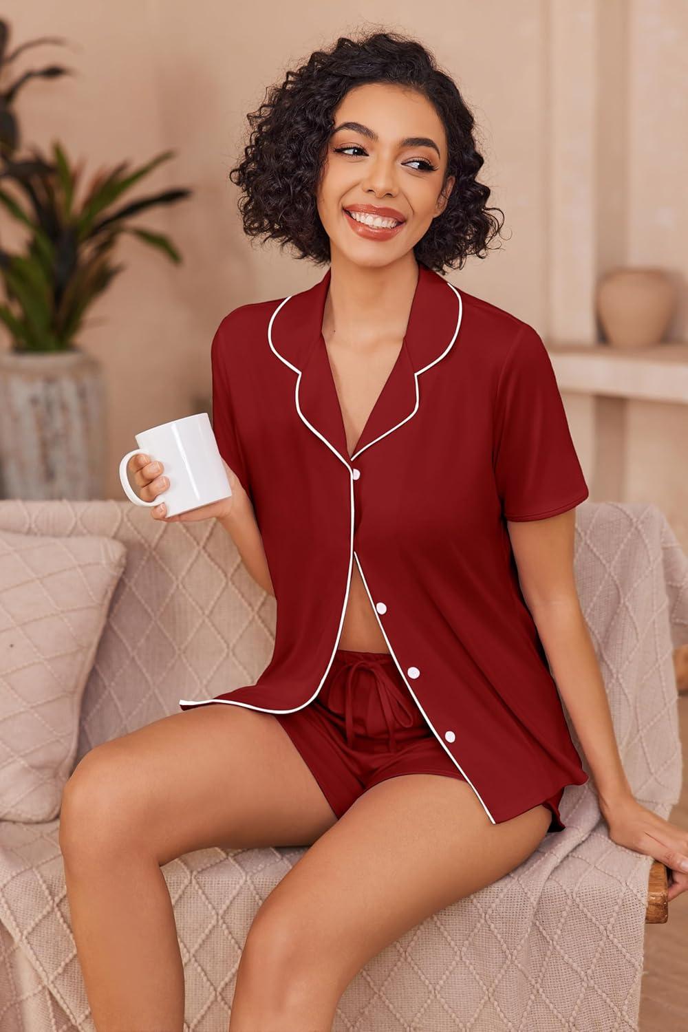 imageEkouaer Pajamas for Women Set Button Up Sleepwear 2 Piece Pjs Lounge Set Short Sleeve NightwearWine Red