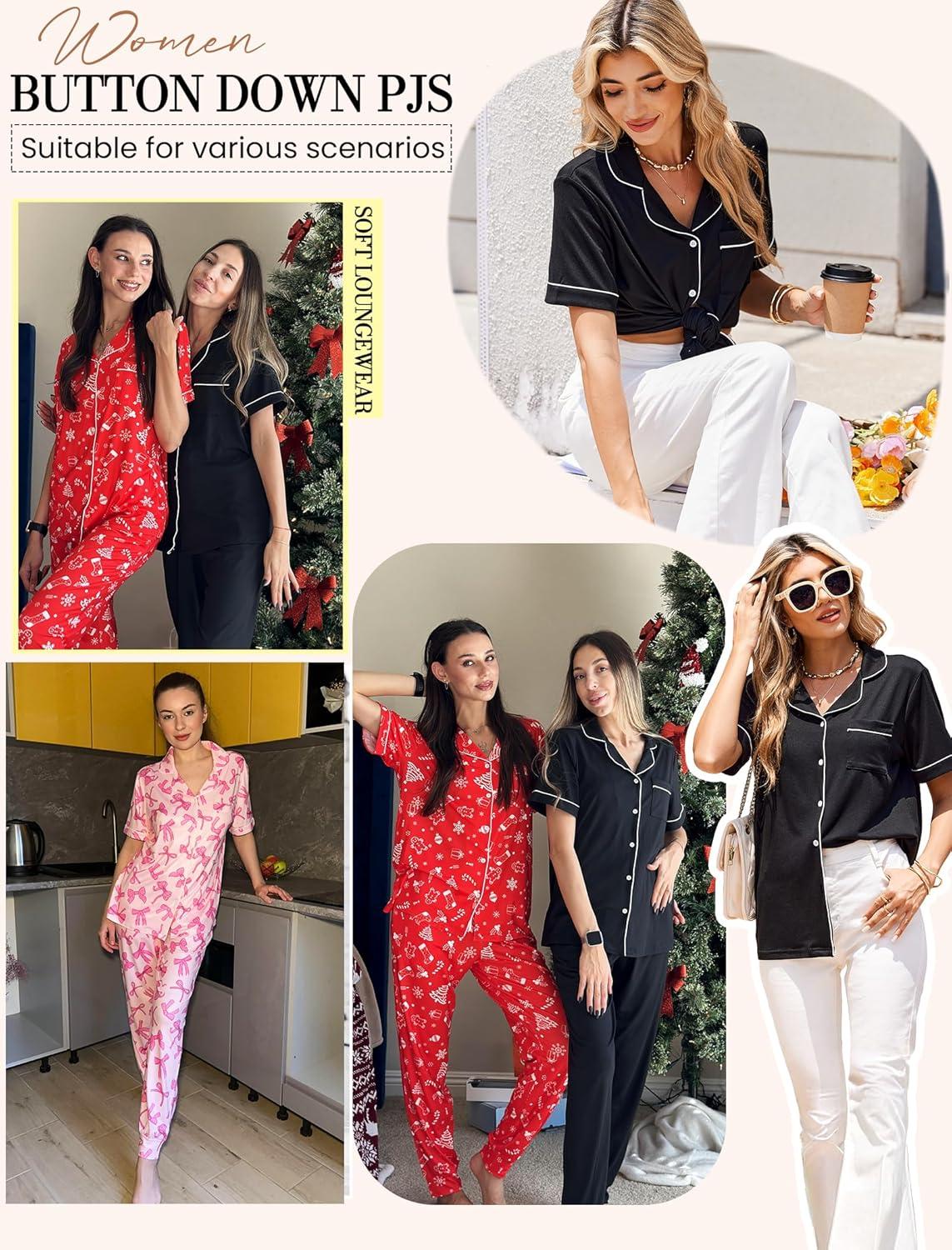 imageEkouaer Women Pajama Set Short Sleeve Button Down Pjs Soft Comfy Sleepwear Nightwear with Jogger PantsBlue Green