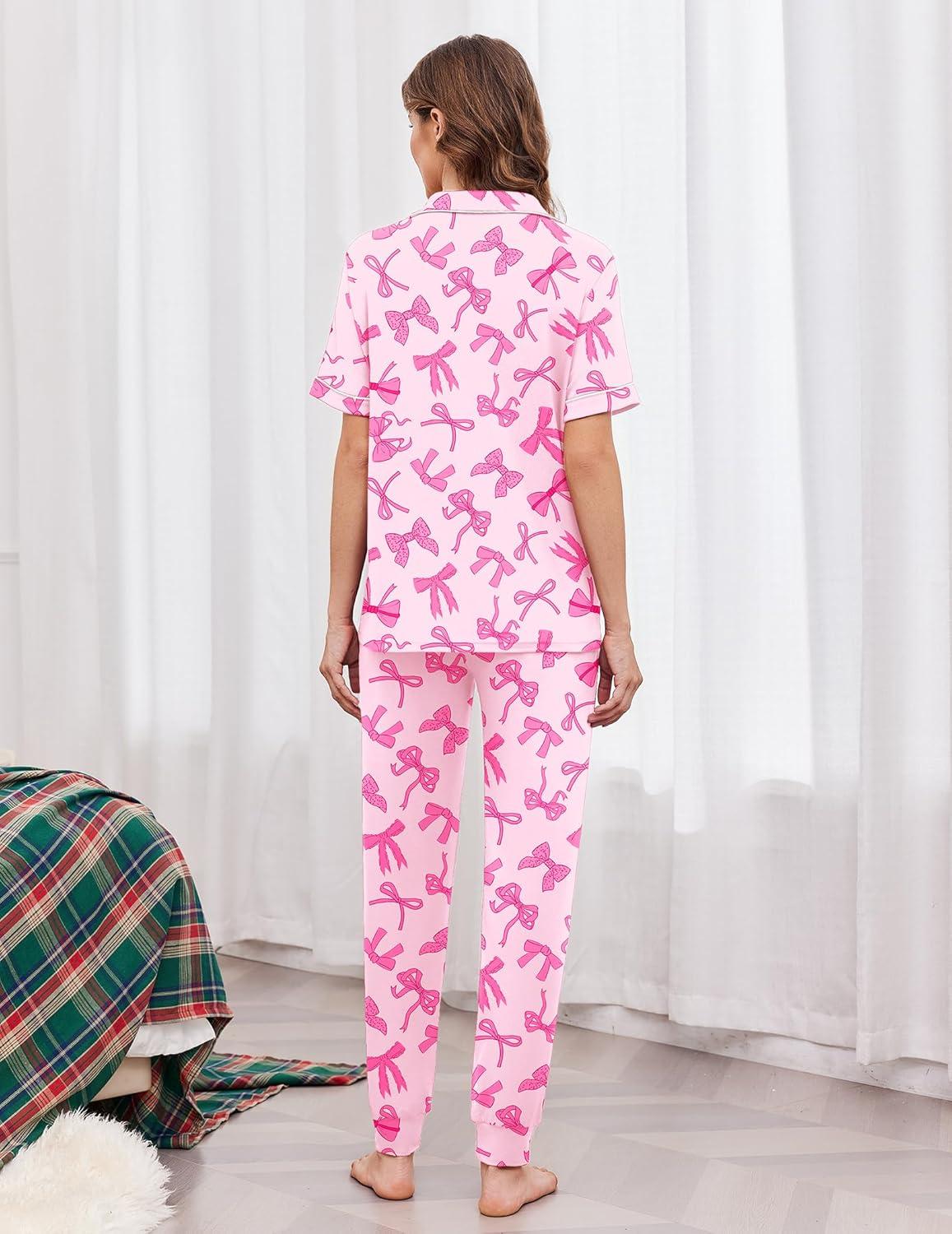 imageEkouaer Women Pajama Set Short Sleeve Button Down Pjs Soft Comfy Sleepwear Nightwear with Jogger PantsPink Bow