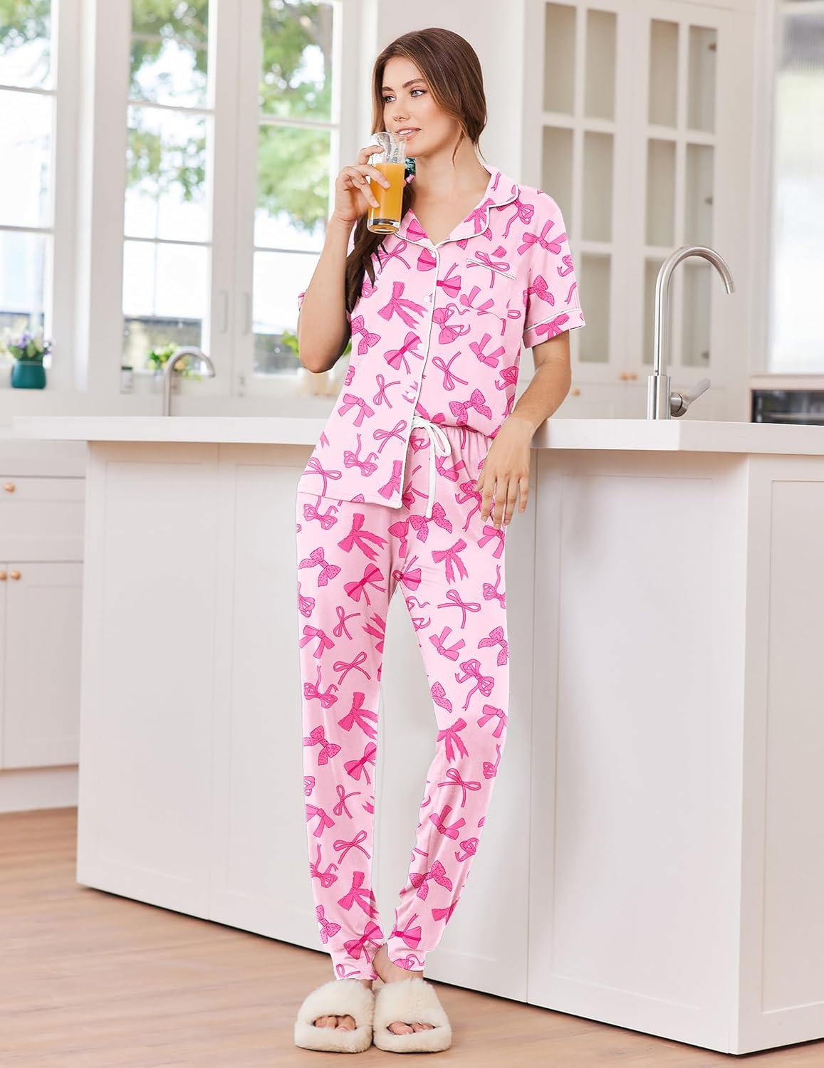 imageEkouaer Women Pajama Set Short Sleeve Button Down Pjs Soft Comfy Sleepwear Nightwear with Jogger PantsPink Bow