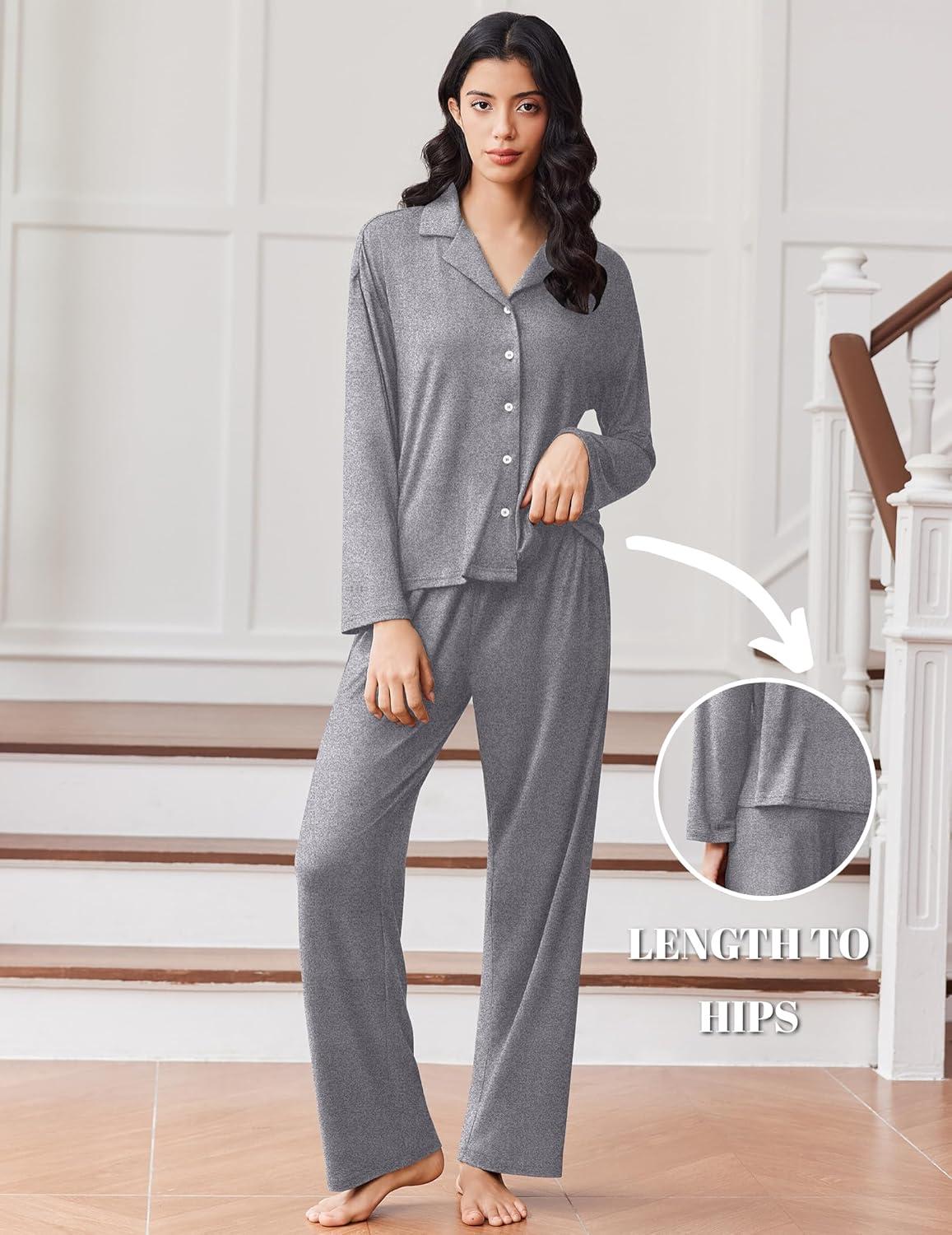 imageEkouaer Women Pajamas Set Long Sleeve Sleepwear Button Down Pjs Soft 2 Piece Loungewear with Long PantsAgrey
