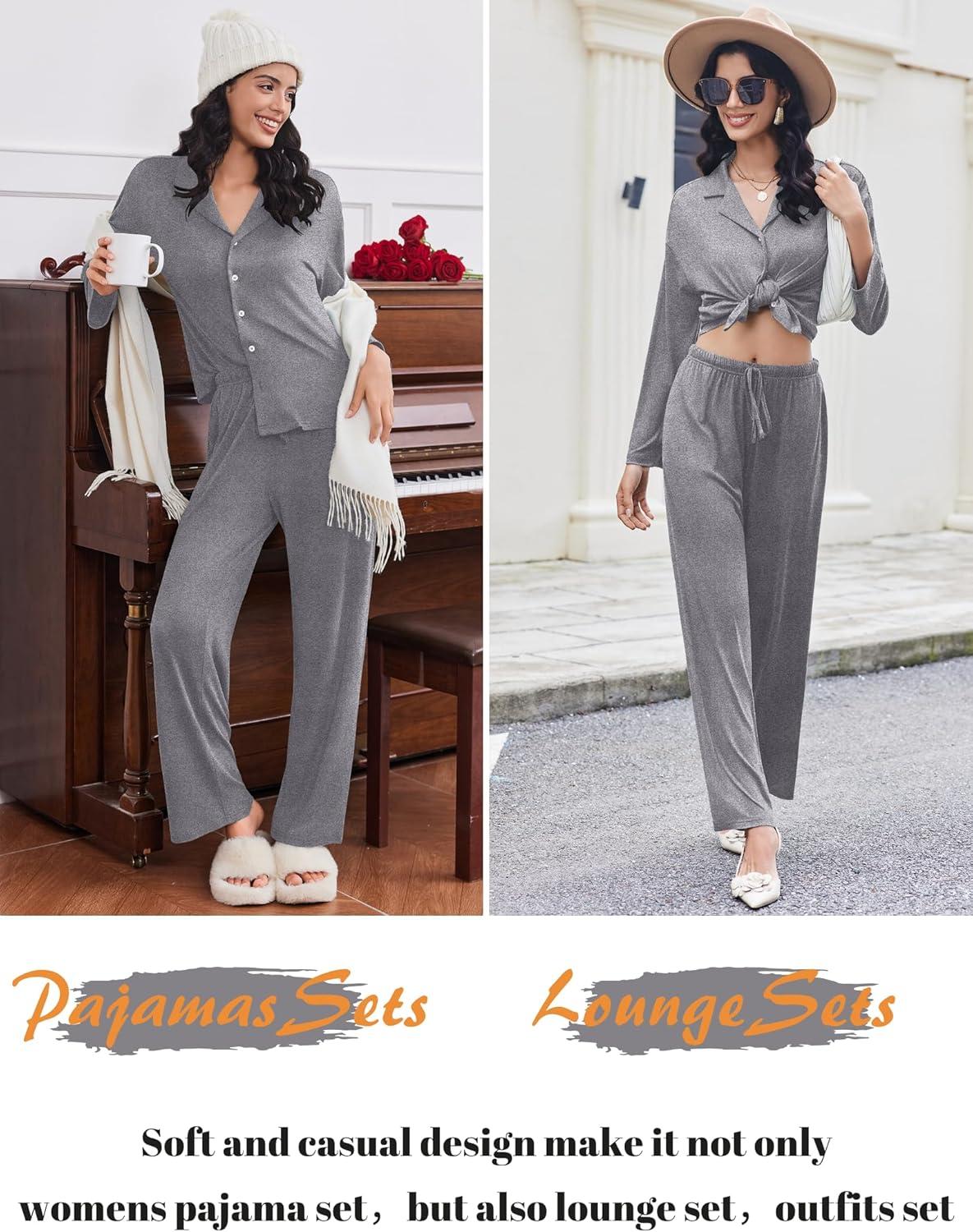 imageEkouaer Women Pajamas Set Long Sleeve Sleepwear Button Down Pjs Soft 2 Piece Loungewear with Long PantsAgrey