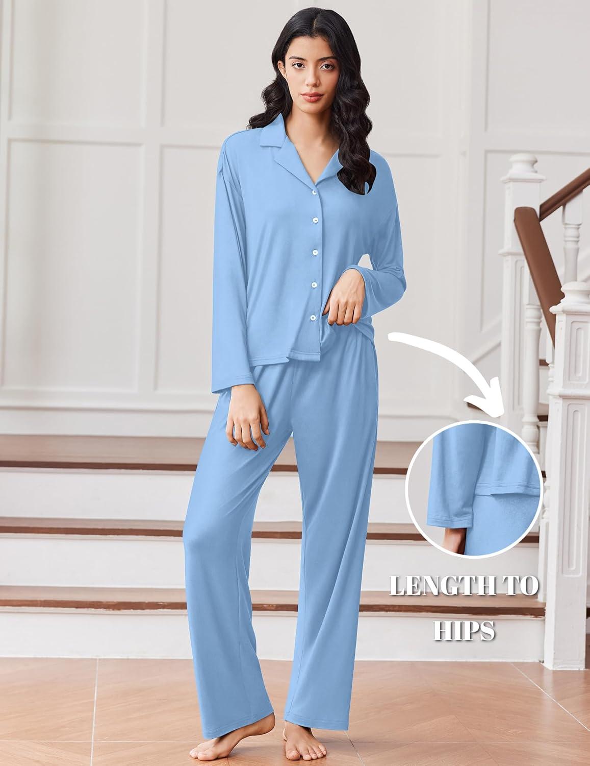 imageEkouaer Women Pajamas Set Long Sleeve Sleepwear Button Down Pjs Soft 2 Piece Loungewear with Long PantsAlight Blue