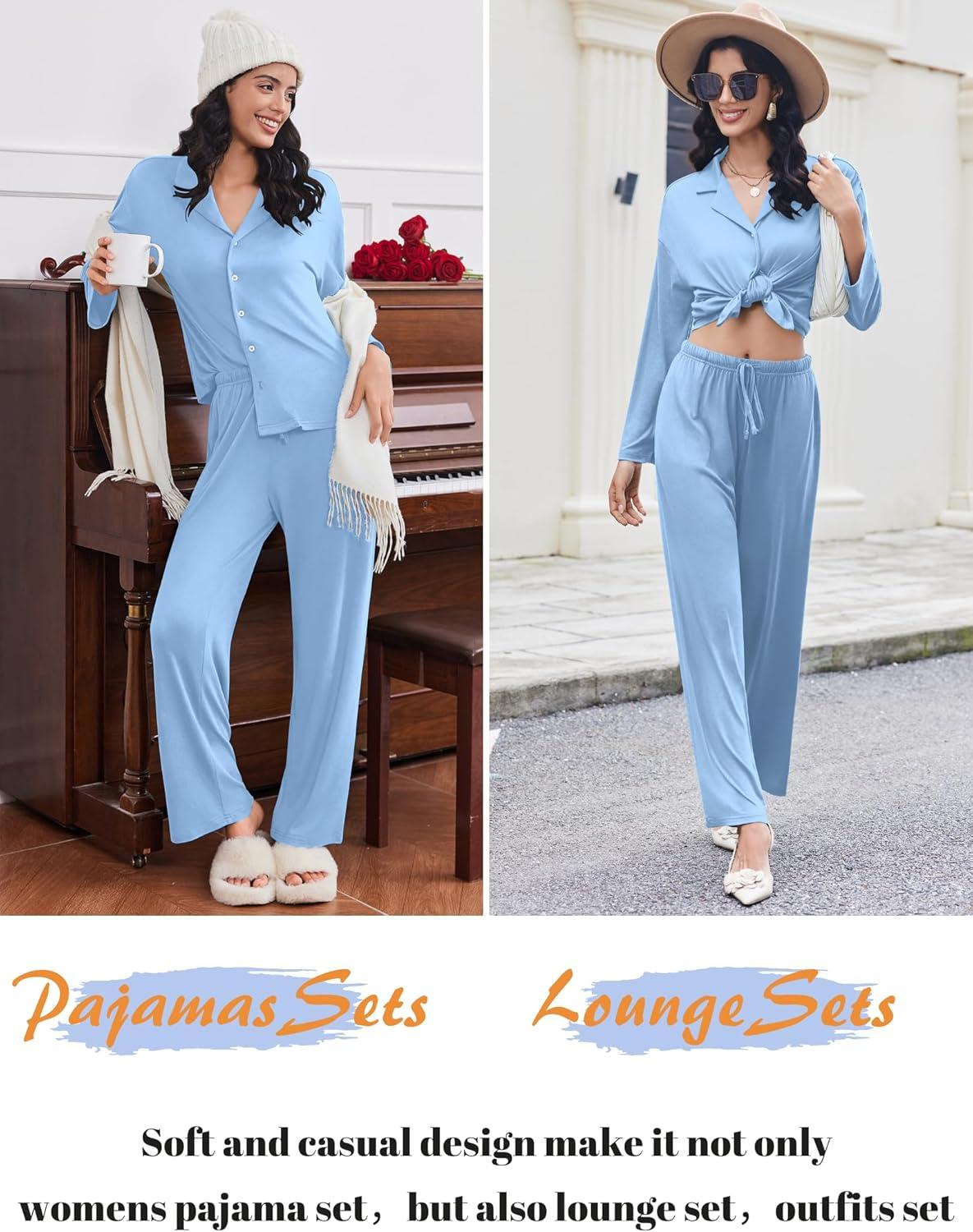 imageEkouaer Women Pajamas Set Long Sleeve Sleepwear Button Down Pjs Soft 2 Piece Loungewear with Long PantsAlight Blue