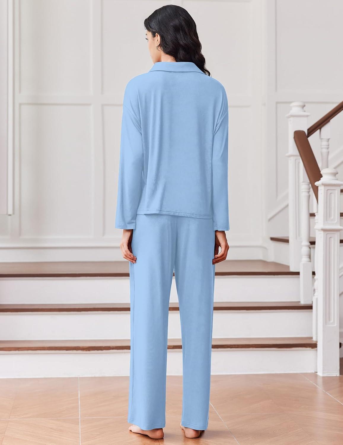 imageEkouaer Women Pajamas Set Long Sleeve Sleepwear Button Down Pjs Soft 2 Piece Loungewear with Long PantsAlight Blue