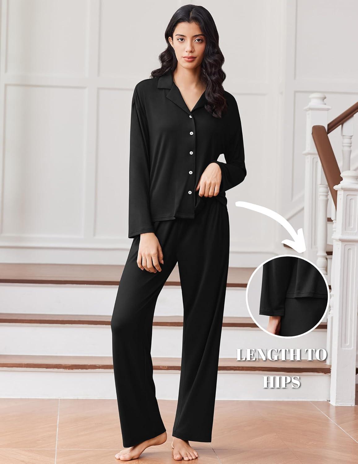 imageEkouaer Women Pajamas Set Long Sleeve Sleepwear Button Down Pjs Soft 2 Piece Loungewear with Long PantsBlack