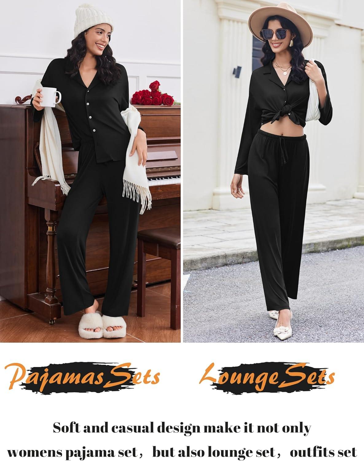 imageEkouaer Women Pajamas Set Long Sleeve Sleepwear Button Down Pjs Soft 2 Piece Loungewear with Long PantsBlack