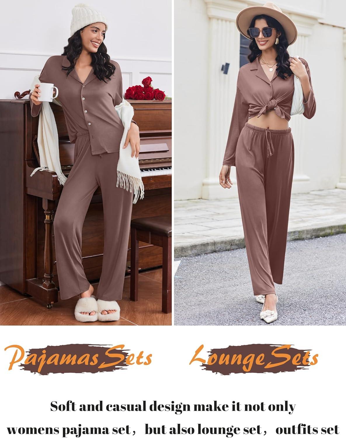 imageEkouaer Women Pajamas Set Long Sleeve Sleepwear Button Down Pjs Soft 2 Piece Loungewear with Long PantsBrown