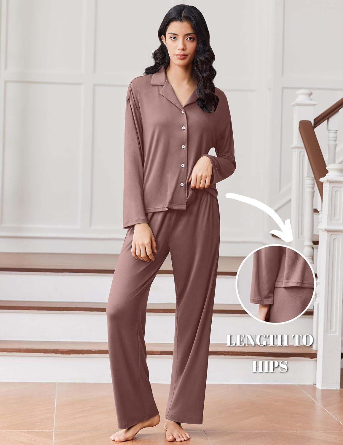 imageEkouaer Women Pajamas Set Long Sleeve Sleepwear Button Down Pjs Soft 2 Piece Loungewear with Long PantsBrown