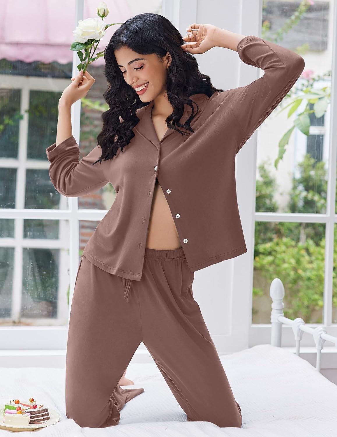 imageEkouaer Women Pajamas Set Long Sleeve Sleepwear Button Down Pjs Soft 2 Piece Loungewear with Long PantsBrown
