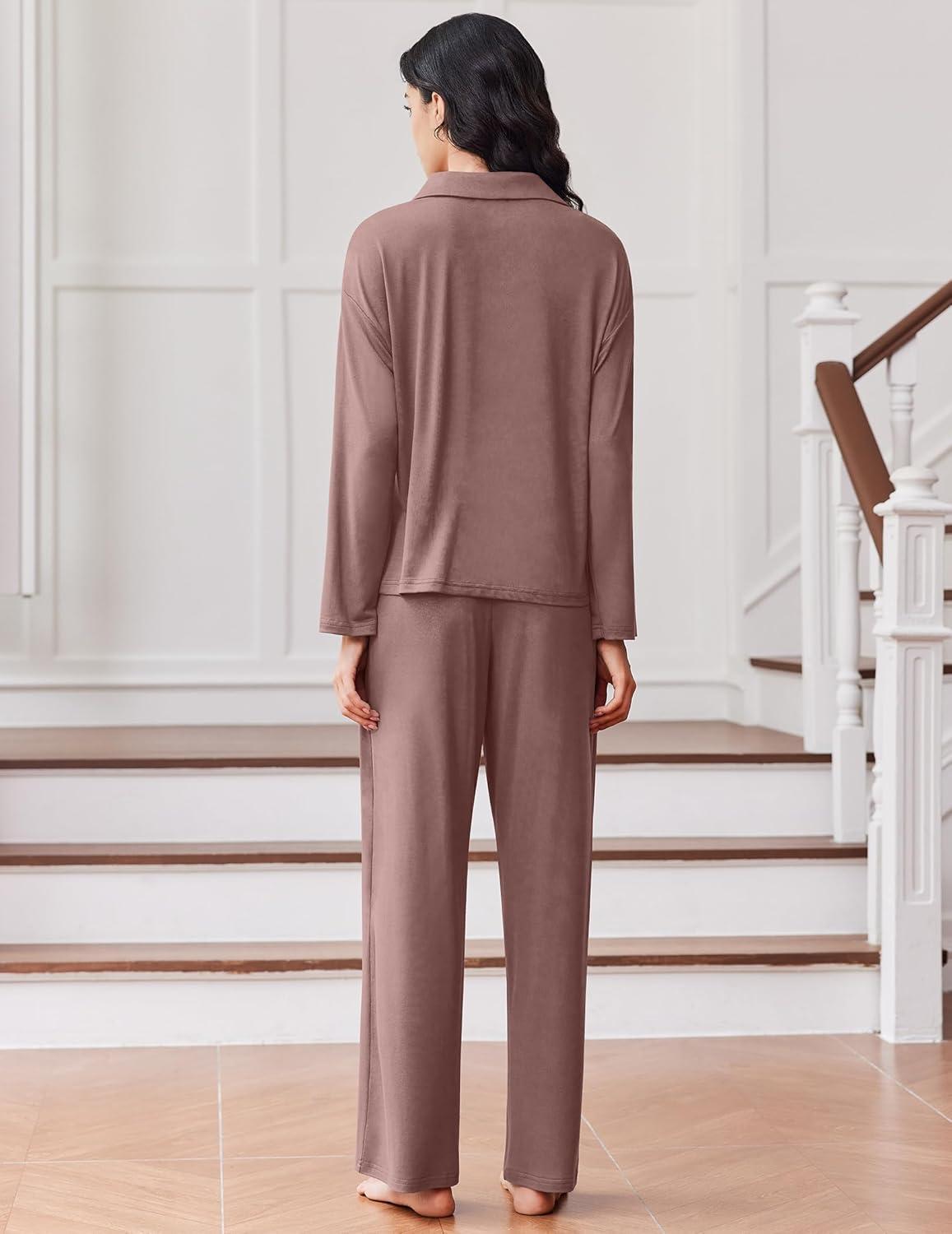 imageEkouaer Women Pajamas Set Long Sleeve Sleepwear Button Down Pjs Soft 2 Piece Loungewear with Long PantsBrown