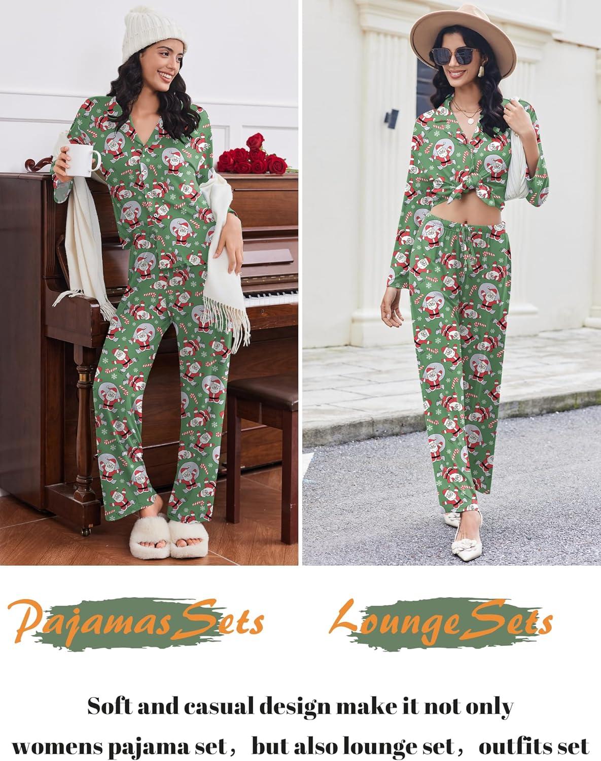 imageEkouaer Women Pajamas Set Long Sleeve Sleepwear Button Down Pjs Soft 2 Piece Loungewear with Long PantsChristmas Green
