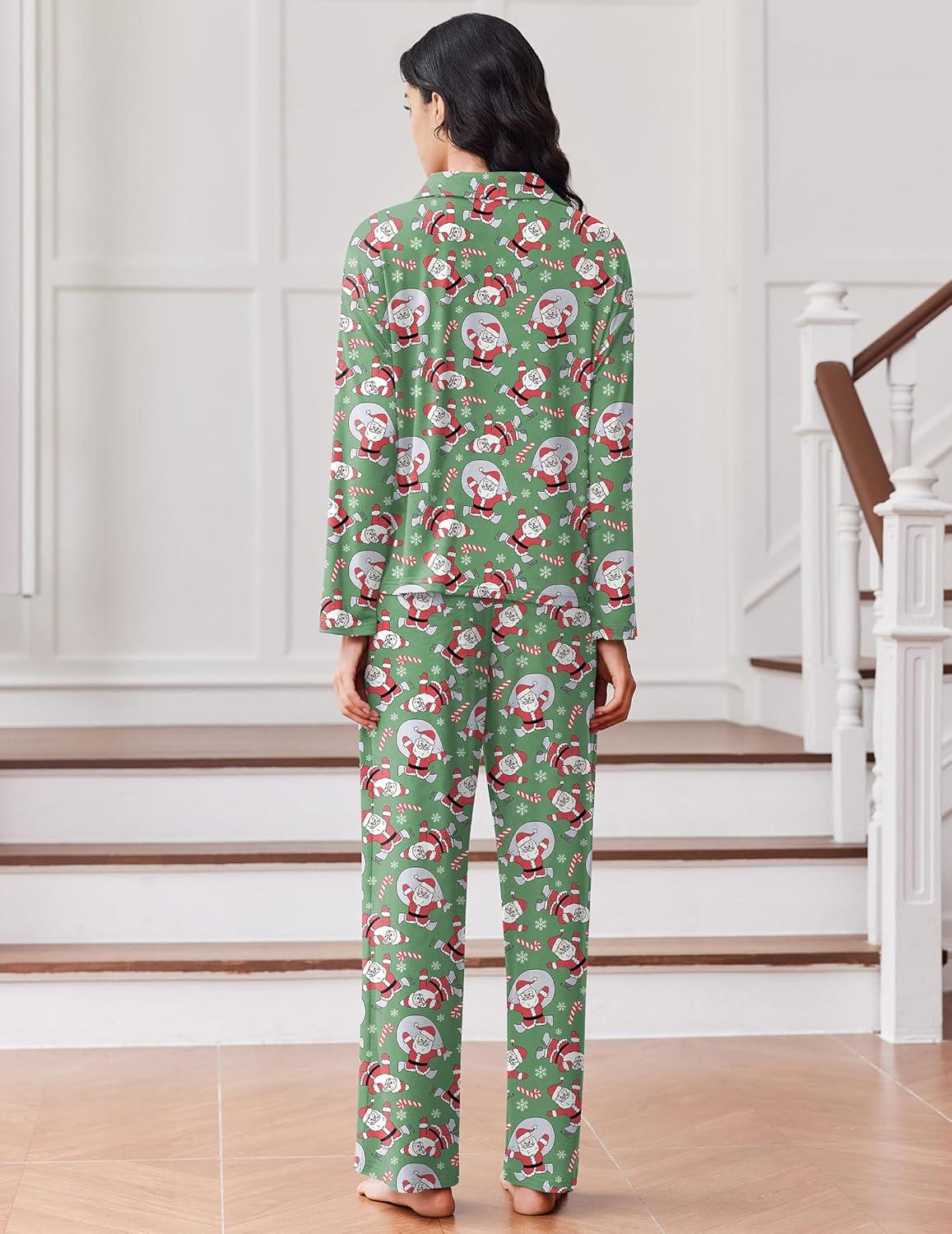 imageEkouaer Women Pajamas Set Long Sleeve Sleepwear Button Down Pjs Soft 2 Piece Loungewear with Long PantsChristmas Green