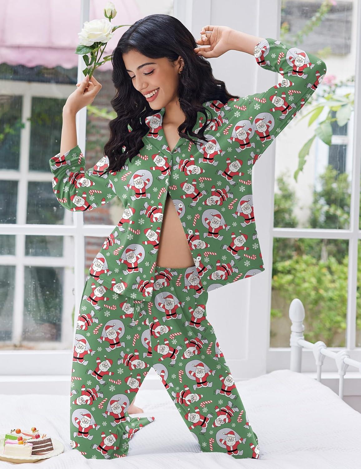 imageEkouaer Women Pajamas Set Long Sleeve Sleepwear Button Down Pjs Soft 2 Piece Loungewear with Long PantsChristmas Green