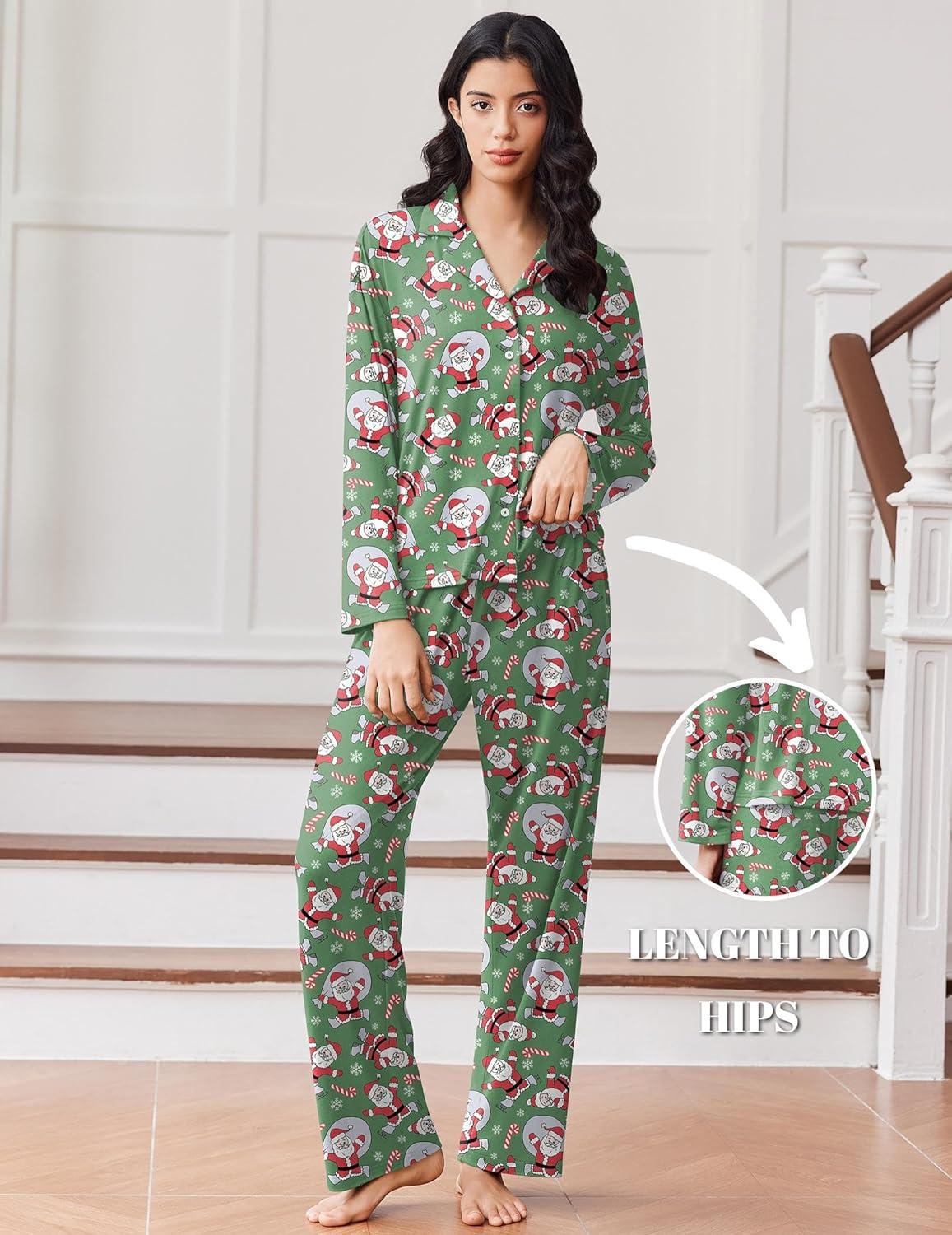 imageEkouaer Women Pajamas Set Long Sleeve Sleepwear Button Down Pjs Soft 2 Piece Loungewear with Long PantsChristmas Green