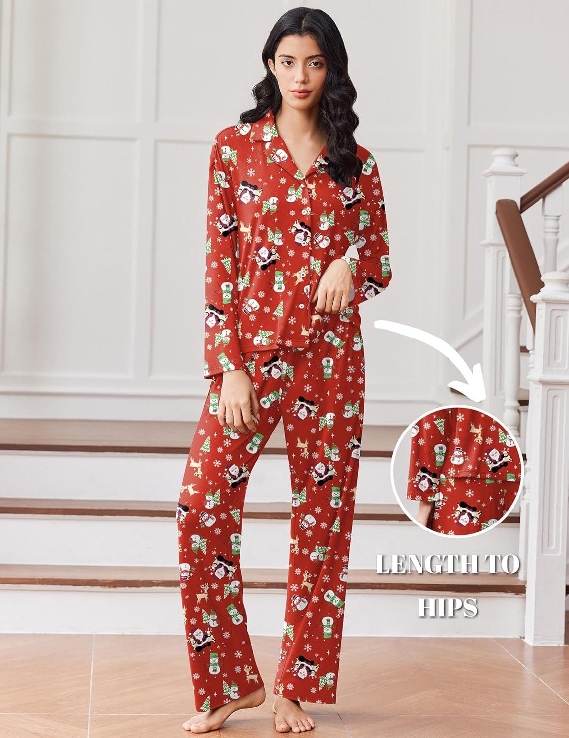 imageEkouaer Women Pajamas Set Long Sleeve Sleepwear Button Down Pjs Soft 2 Piece Loungewear with Long PantsChristmas Red