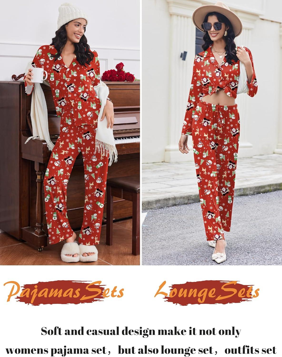 imageEkouaer Women Pajamas Set Long Sleeve Sleepwear Button Down Pjs Soft 2 Piece Loungewear with Long PantsChristmas Red