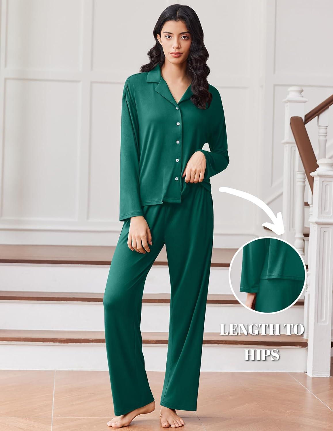 imageEkouaer Women Pajamas Set Long Sleeve Sleepwear Button Down Pjs Soft 2 Piece Loungewear with Long PantsDark Green