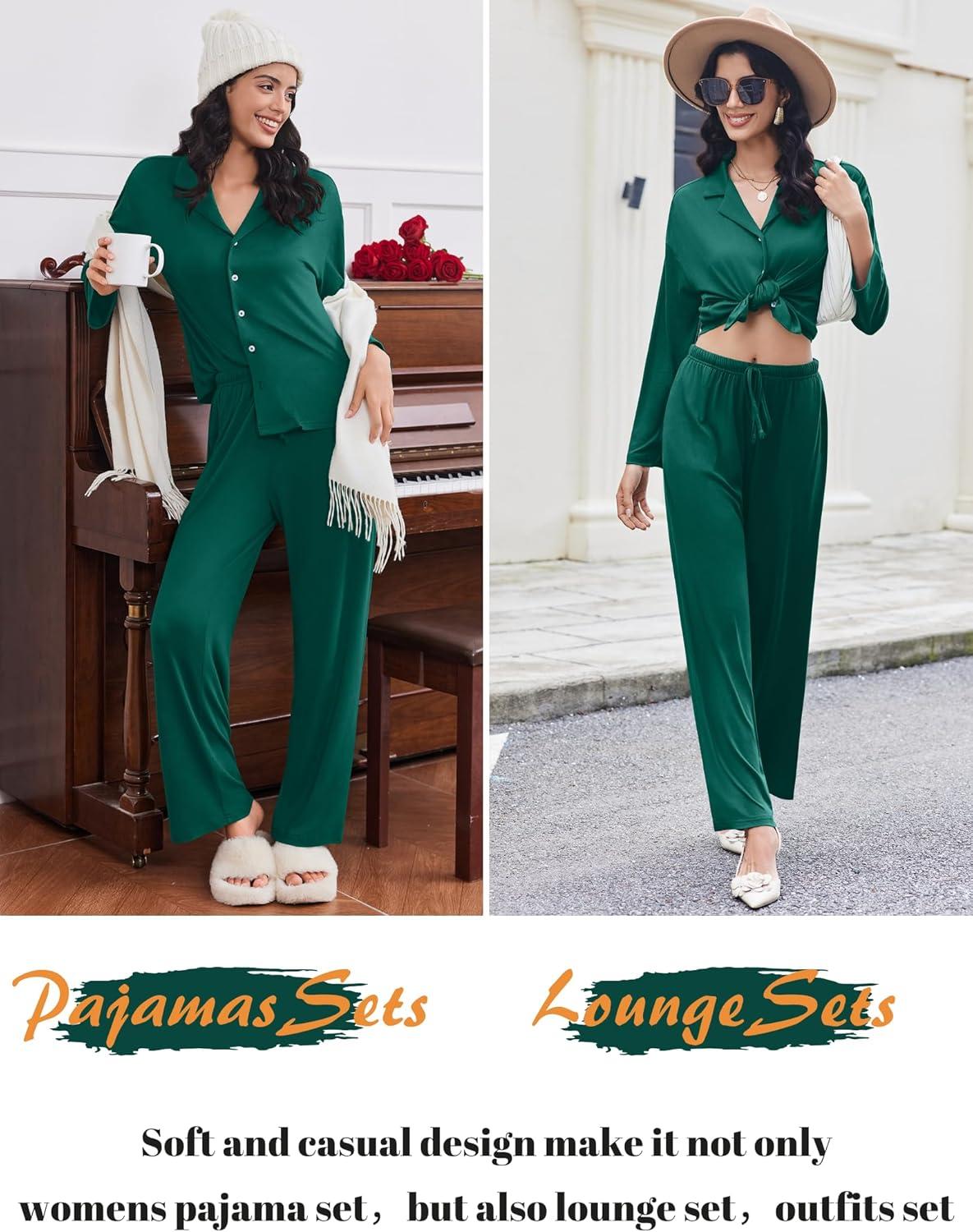 imageEkouaer Women Pajamas Set Long Sleeve Sleepwear Button Down Pjs Soft 2 Piece Loungewear with Long PantsDark Green