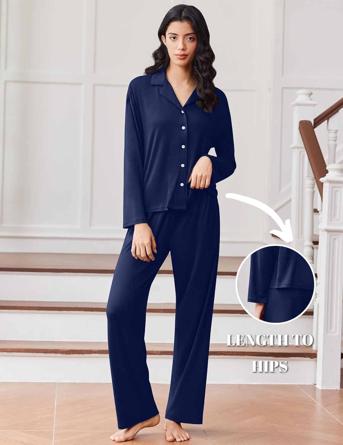 imageEkouaer Women Pajamas Set Long Sleeve Sleepwear Button Down Pjs Soft 2 Piece Loungewear with Long PantsNavy Blue