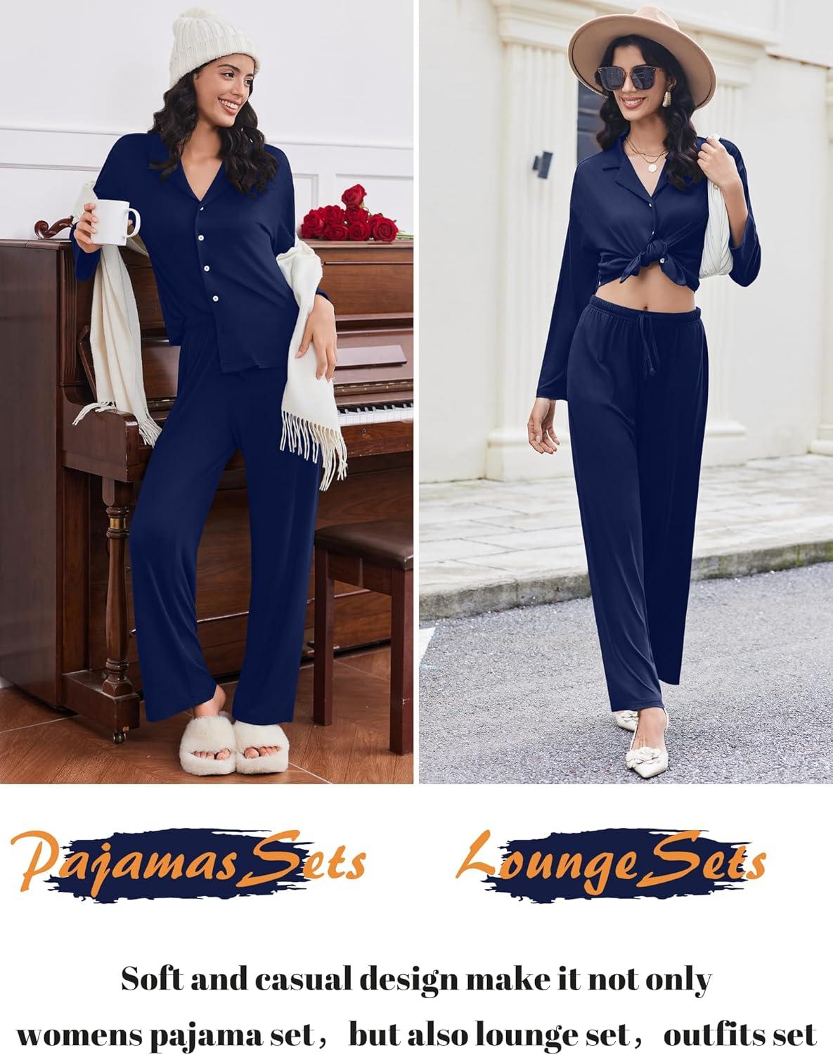 imageEkouaer Women Pajamas Set Long Sleeve Sleepwear Button Down Pjs Soft 2 Piece Loungewear with Long PantsNavy Blue