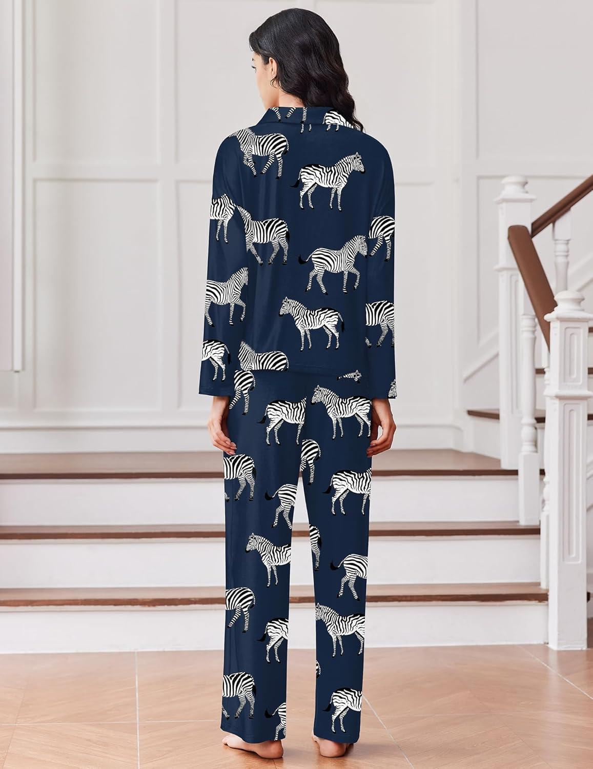 imageEkouaer Women Pajamas Set Long Sleeve Sleepwear Button Down Pjs Soft 2 Piece Loungewear with Long PantsNavy Zebra