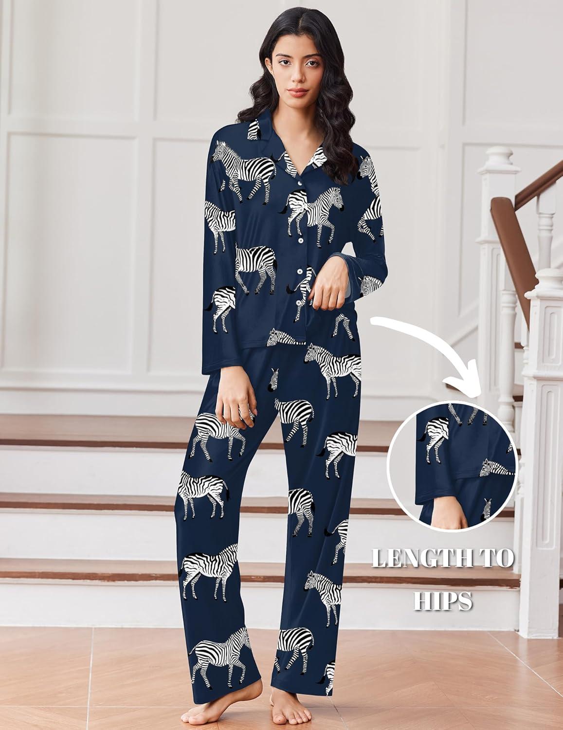 imageEkouaer Women Pajamas Set Long Sleeve Sleepwear Button Down Pjs Soft 2 Piece Loungewear with Long PantsNavy Zebra