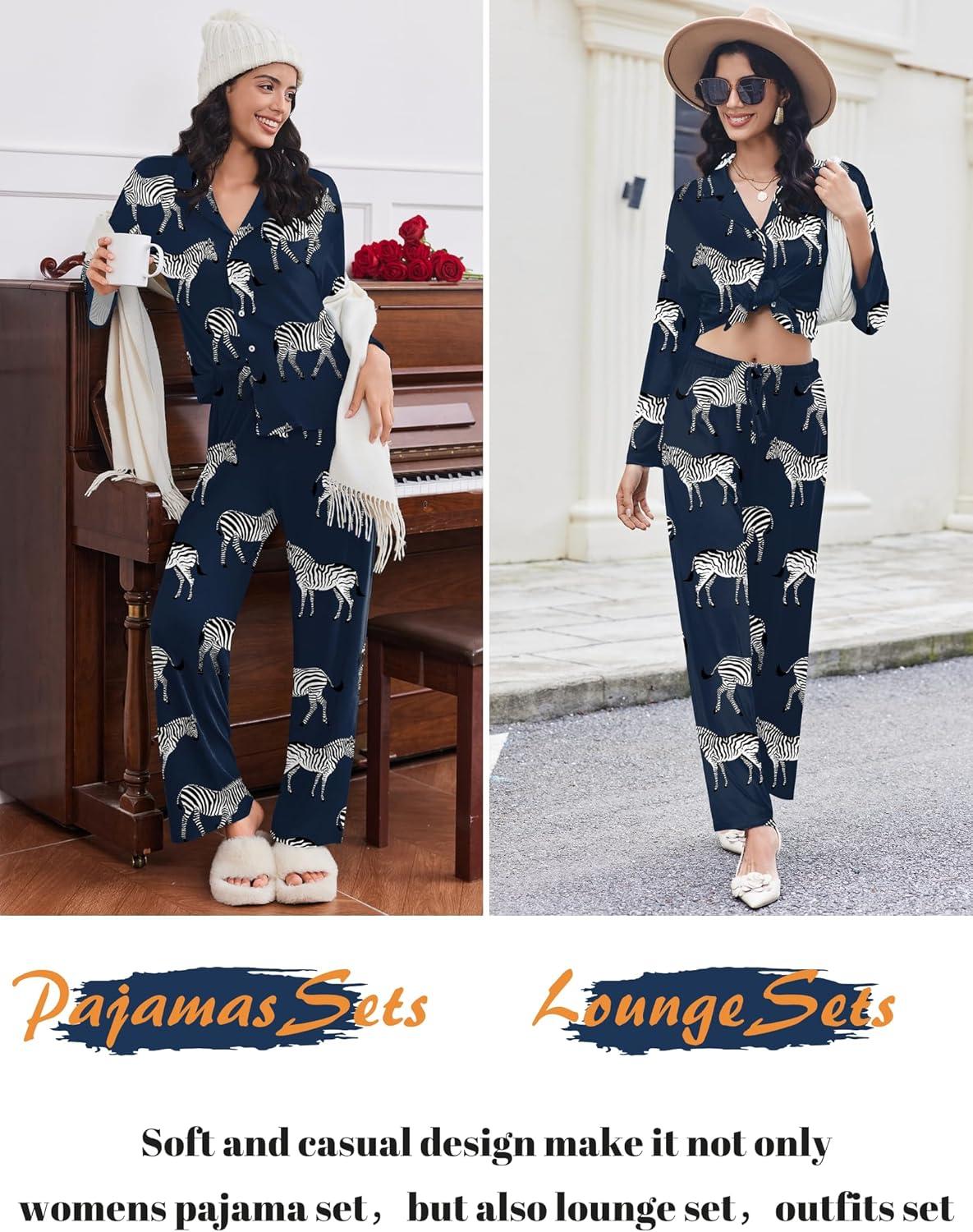 imageEkouaer Women Pajamas Set Long Sleeve Sleepwear Button Down Pjs Soft 2 Piece Loungewear with Long PantsNavy Zebra