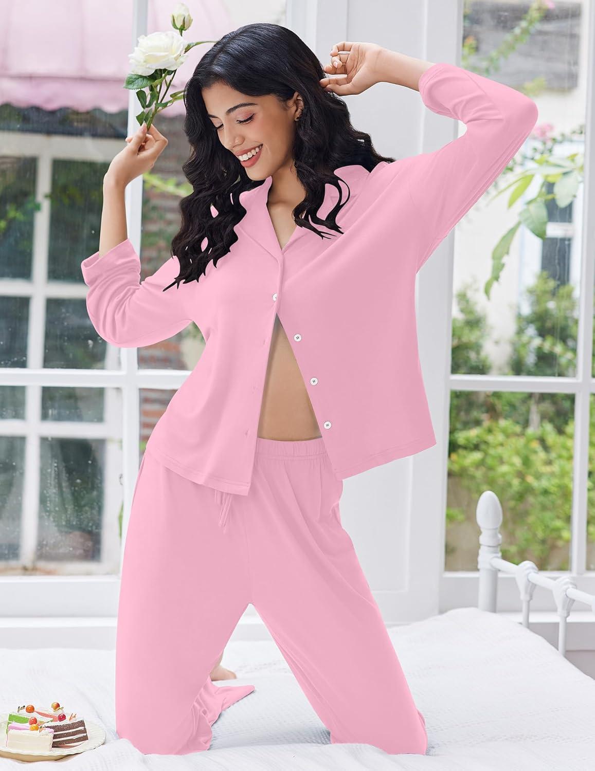 imageEkouaer Women Pajamas Set Long Sleeve Sleepwear Button Down Pjs Soft 2 Piece Loungewear with Long PantsPink