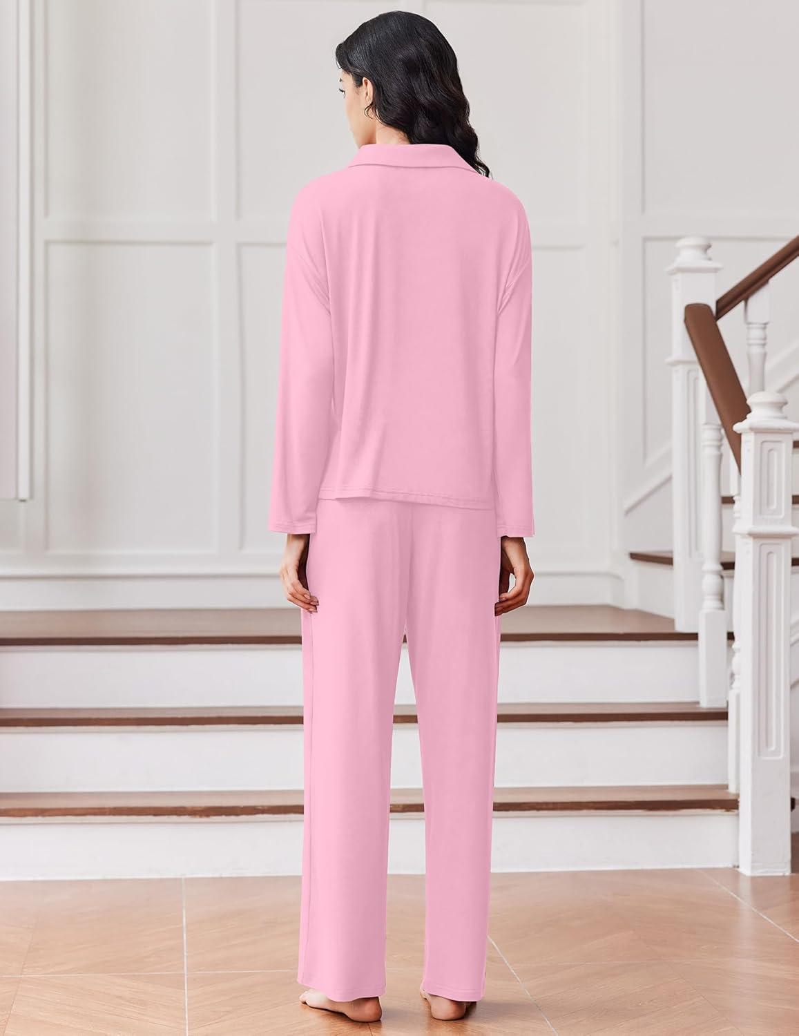 imageEkouaer Women Pajamas Set Long Sleeve Sleepwear Button Down Pjs Soft 2 Piece Loungewear with Long PantsPink