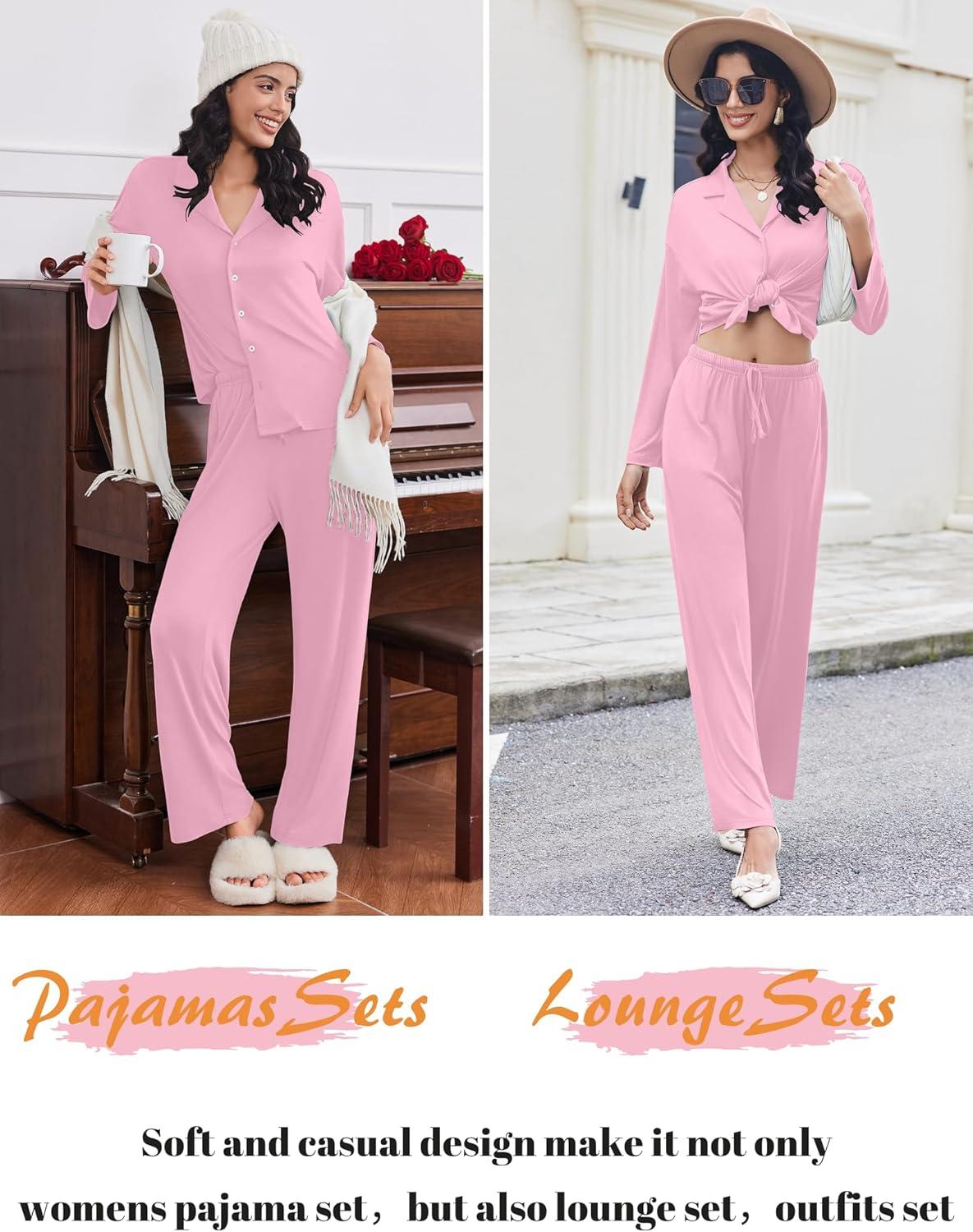 imageEkouaer Women Pajamas Set Long Sleeve Sleepwear Button Down Pjs Soft 2 Piece Loungewear with Long PantsPink