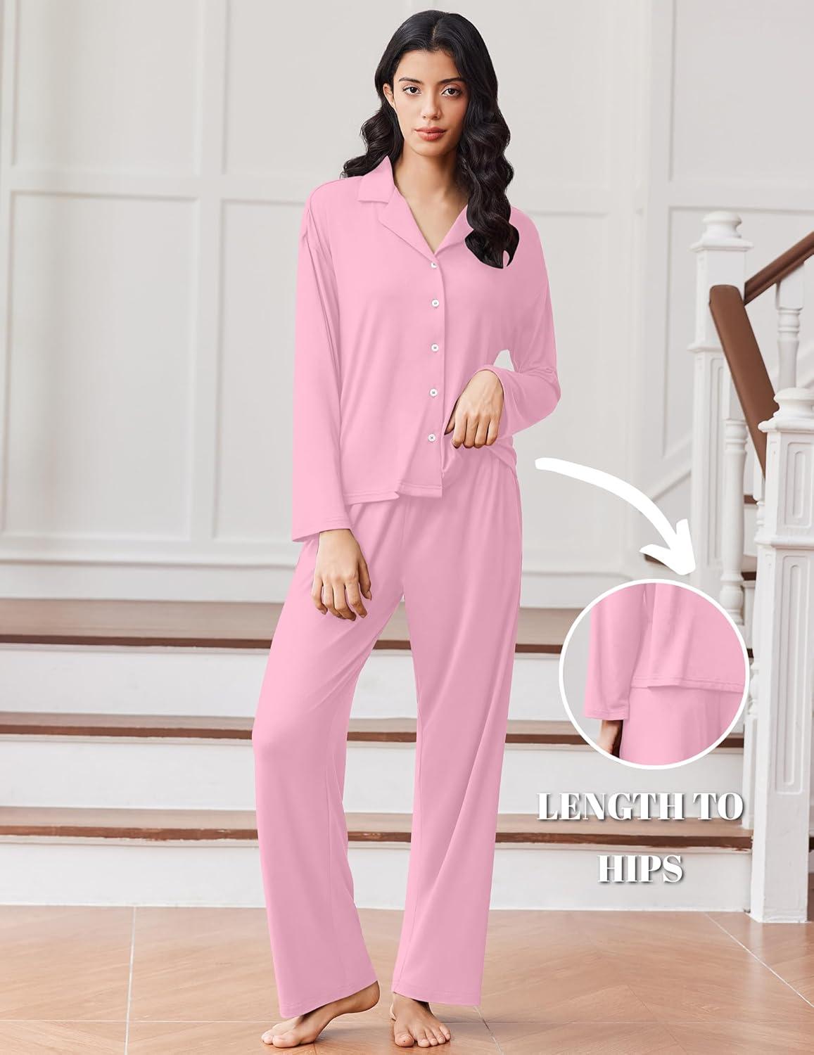 imageEkouaer Women Pajamas Set Long Sleeve Sleepwear Button Down Pjs Soft 2 Piece Loungewear with Long PantsPink
