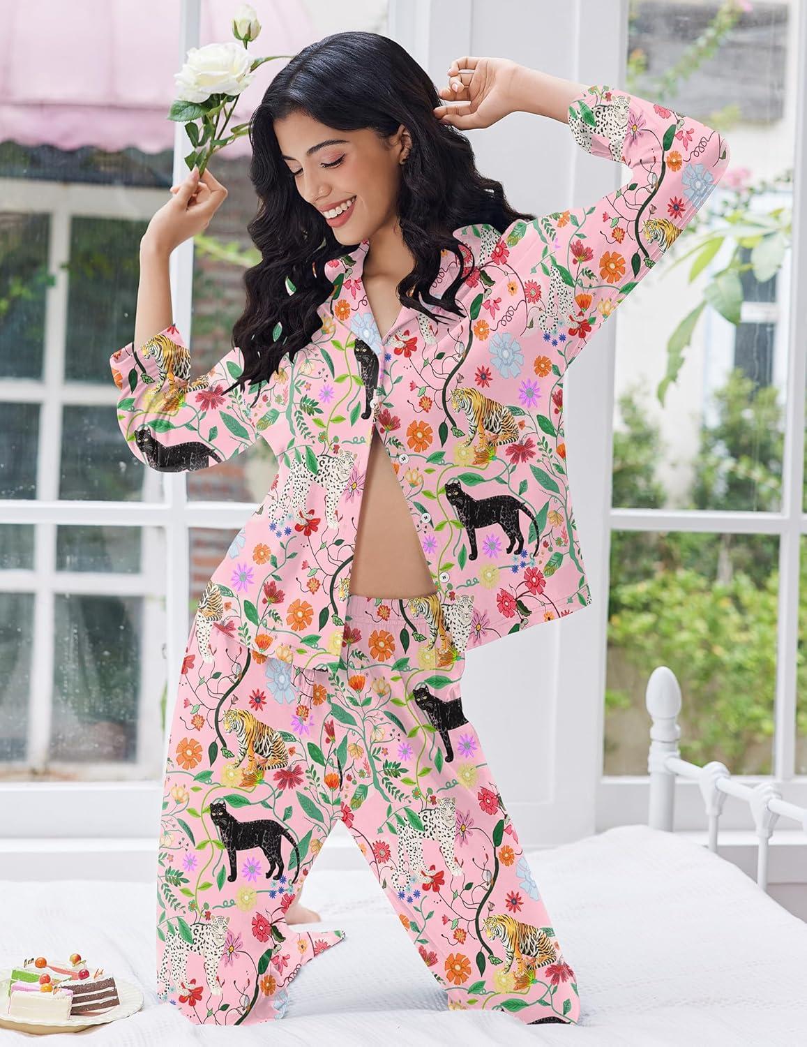 imageEkouaer Women Pajamas Set Long Sleeve Sleepwear Button Down Pjs Soft 2 Piece Loungewear with Long PantsPink Tiger