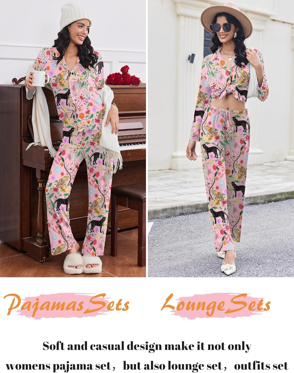imageEkouaer Women Pajamas Set Long Sleeve Sleepwear Button Down Pjs Soft 2 Piece Loungewear with Long PantsPink Tiger