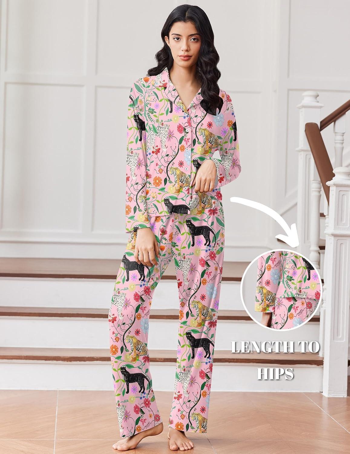 imageEkouaer Women Pajamas Set Long Sleeve Sleepwear Button Down Pjs Soft 2 Piece Loungewear with Long PantsPink Tiger