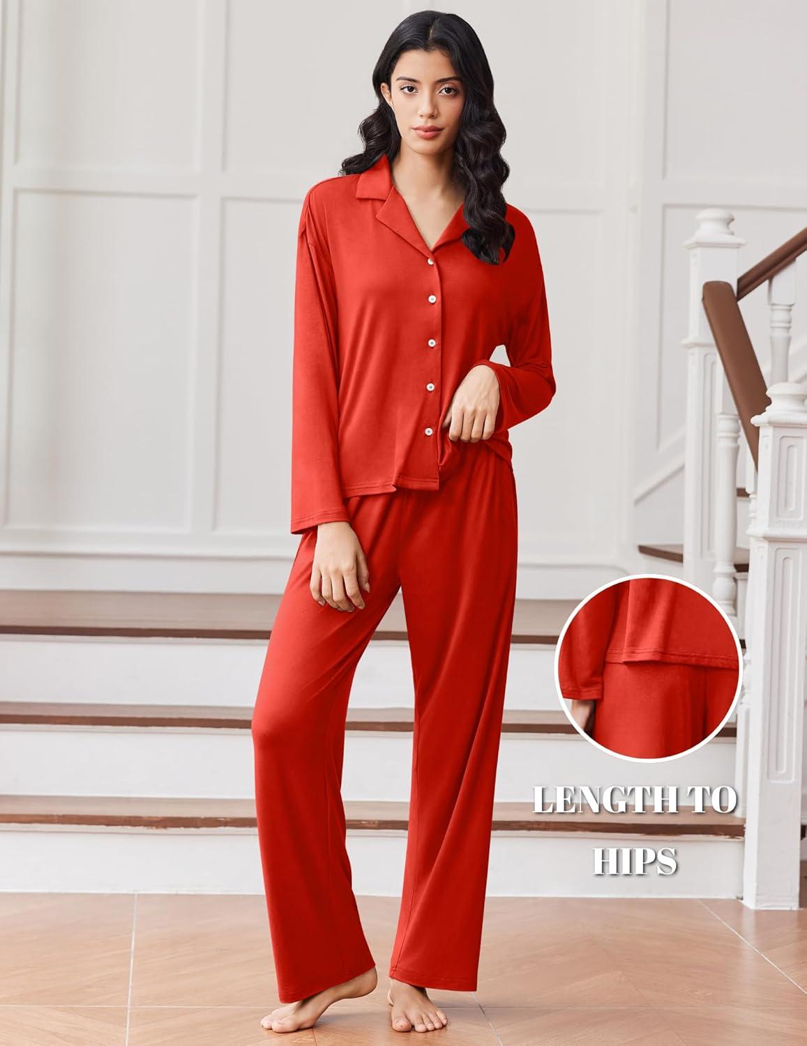 imageEkouaer Women Pajamas Set Long Sleeve Sleepwear Button Down Pjs Soft 2 Piece Loungewear with Long PantsRed