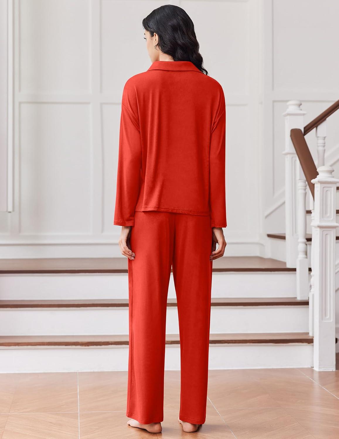 imageEkouaer Women Pajamas Set Long Sleeve Sleepwear Button Down Pjs Soft 2 Piece Loungewear with Long PantsRed