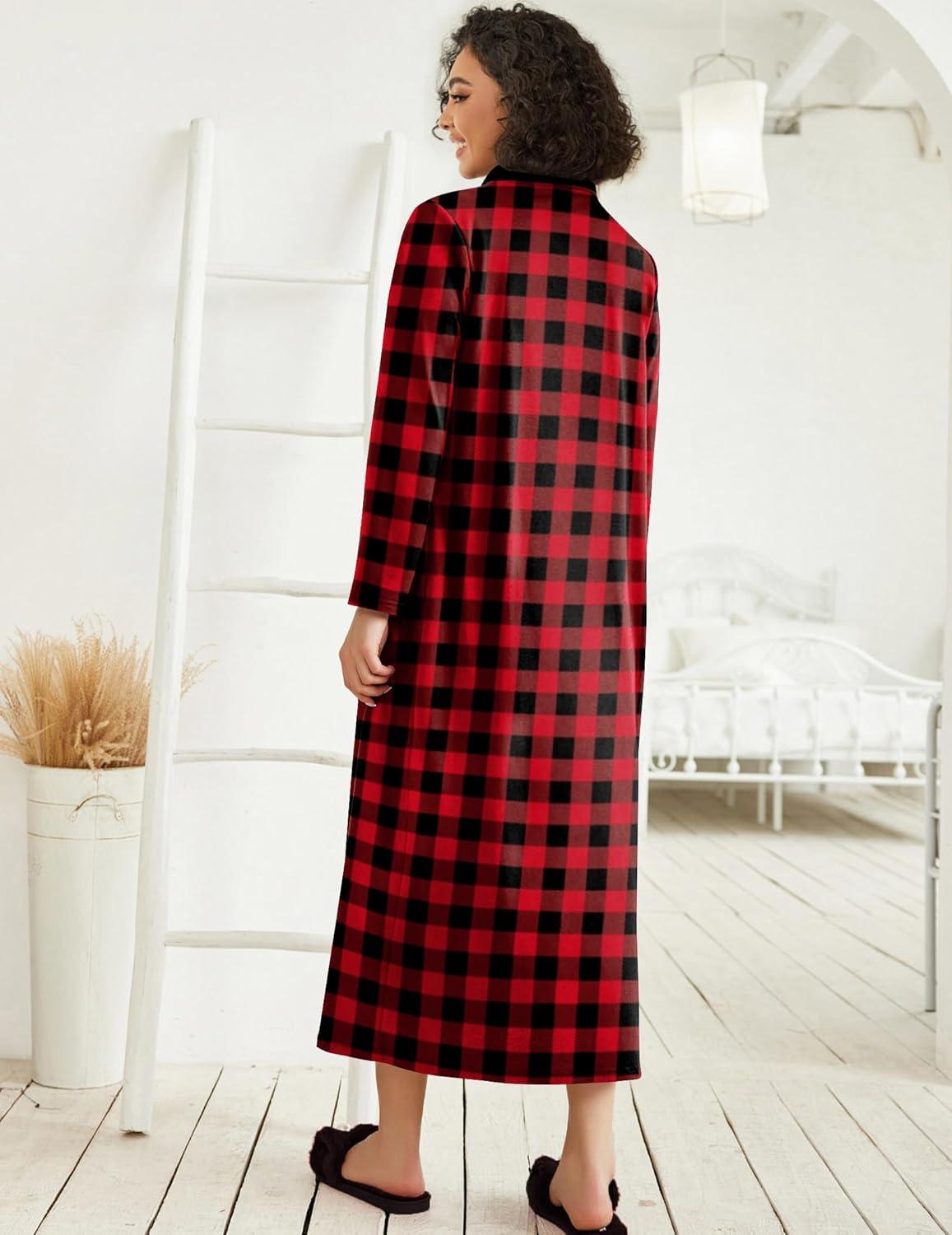 imageEkouaer Women Zipper Robe Long Sleeve Loungewear Lightweight Housecoat Full Length Nightgown with PocketsBlack and Red Plaid