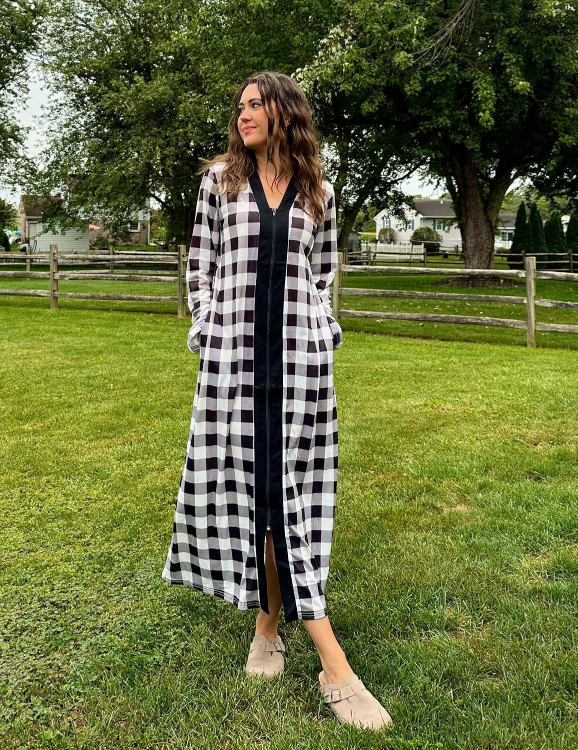 imageEkouaer Women Zipper Robe Long Sleeve Loungewear Lightweight Housecoat Full Length Nightgown with PocketsGray Plaid