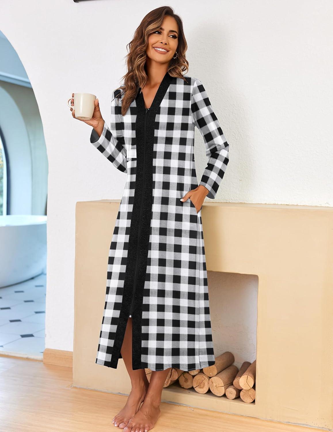 imageEkouaer Women Zipper Robe Long Sleeve Loungewear Lightweight Housecoat Full Length Nightgown with PocketsGray Plaid