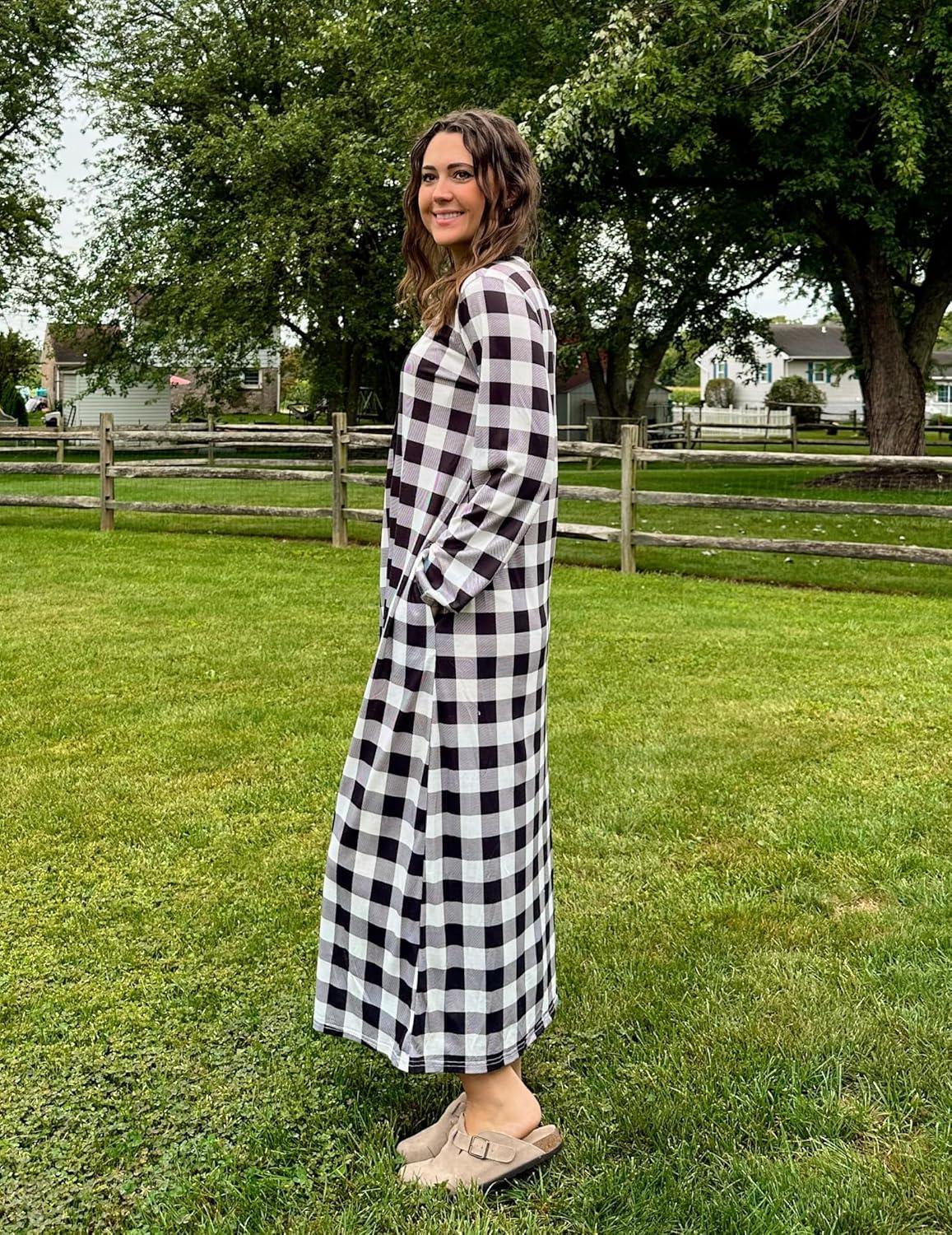 imageEkouaer Women Zipper Robe Long Sleeve Loungewear Lightweight Housecoat Full Length Nightgown with PocketsGray Plaid