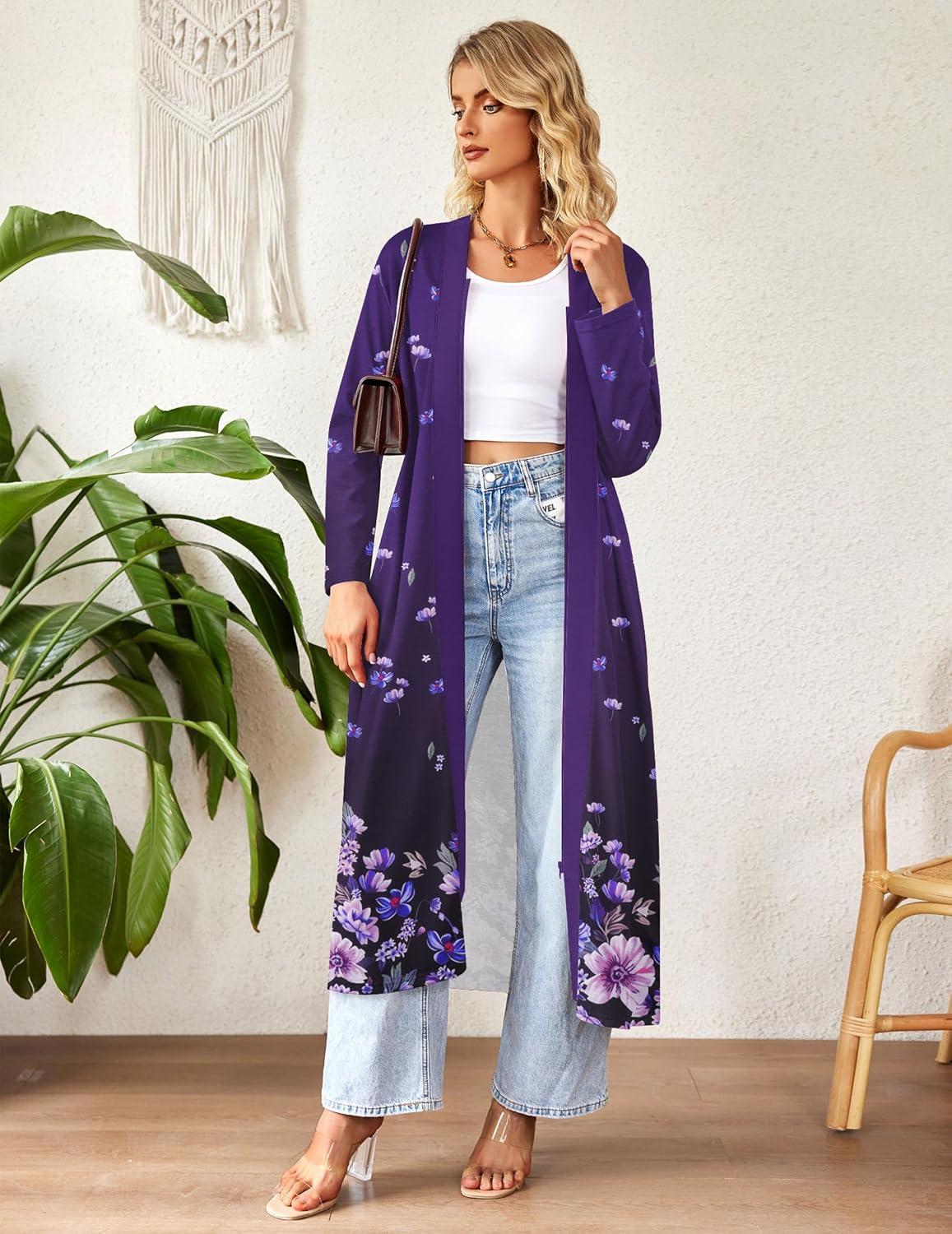 imageEkouaer Women Zipper Robe Long Sleeve Loungewear Lightweight Housecoat Full Length Nightgown with PocketsPurple Floral