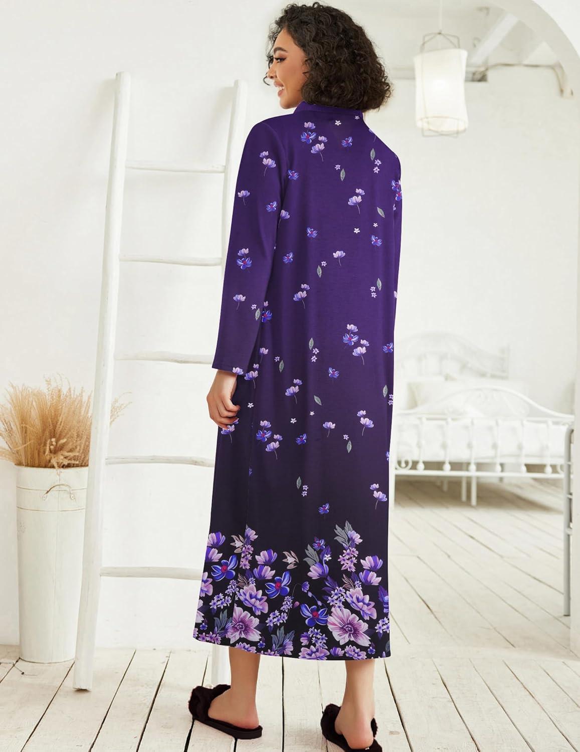 imageEkouaer Women Zipper Robe Long Sleeve Loungewear Lightweight Housecoat Full Length Nightgown with PocketsPurple Floral