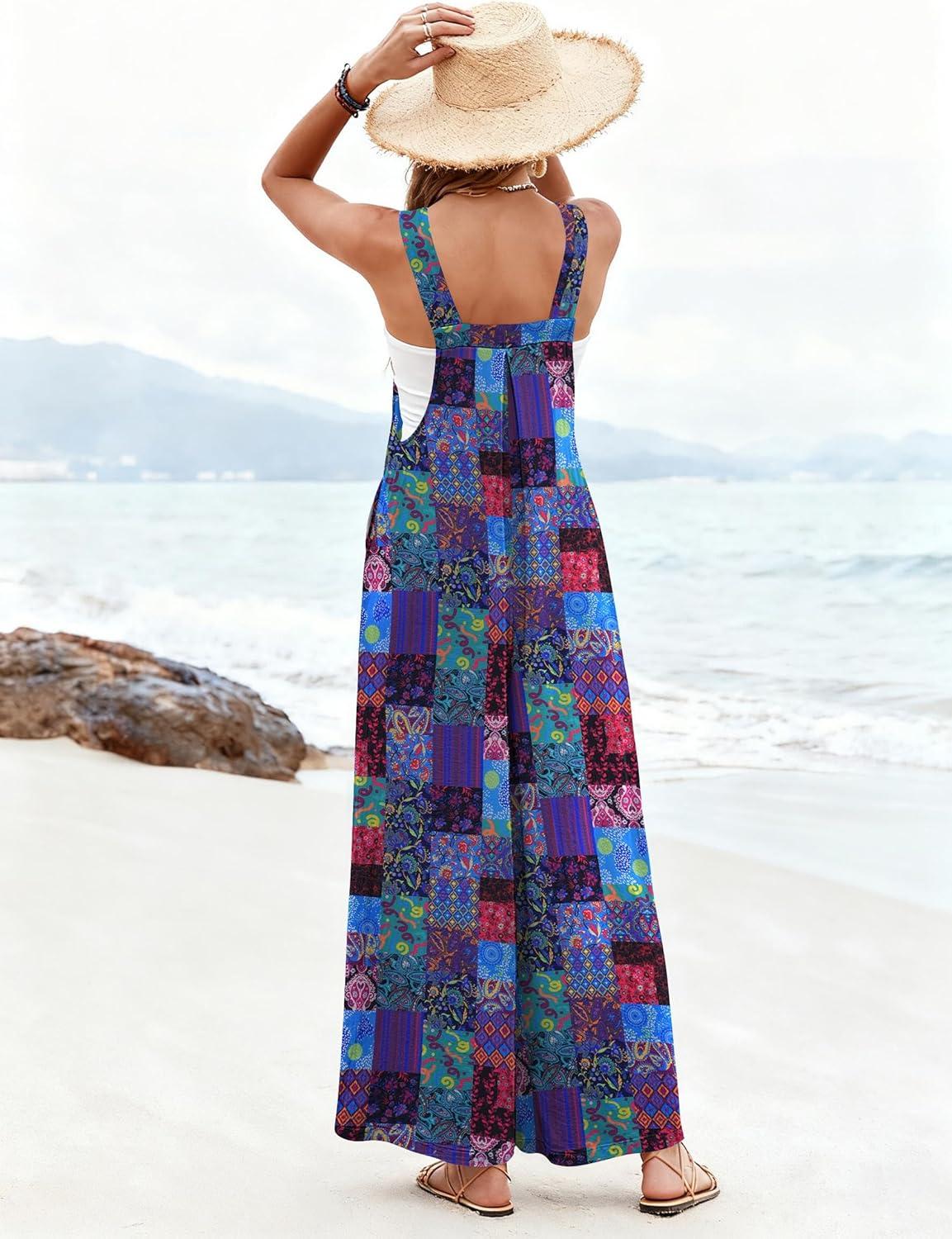 imageEkouaer Womens Casual Overalls Loose Wide Leg Jumpsuits Summer Boho Floral Printed Baggy Rompers with PocketsA Blue Boho Print