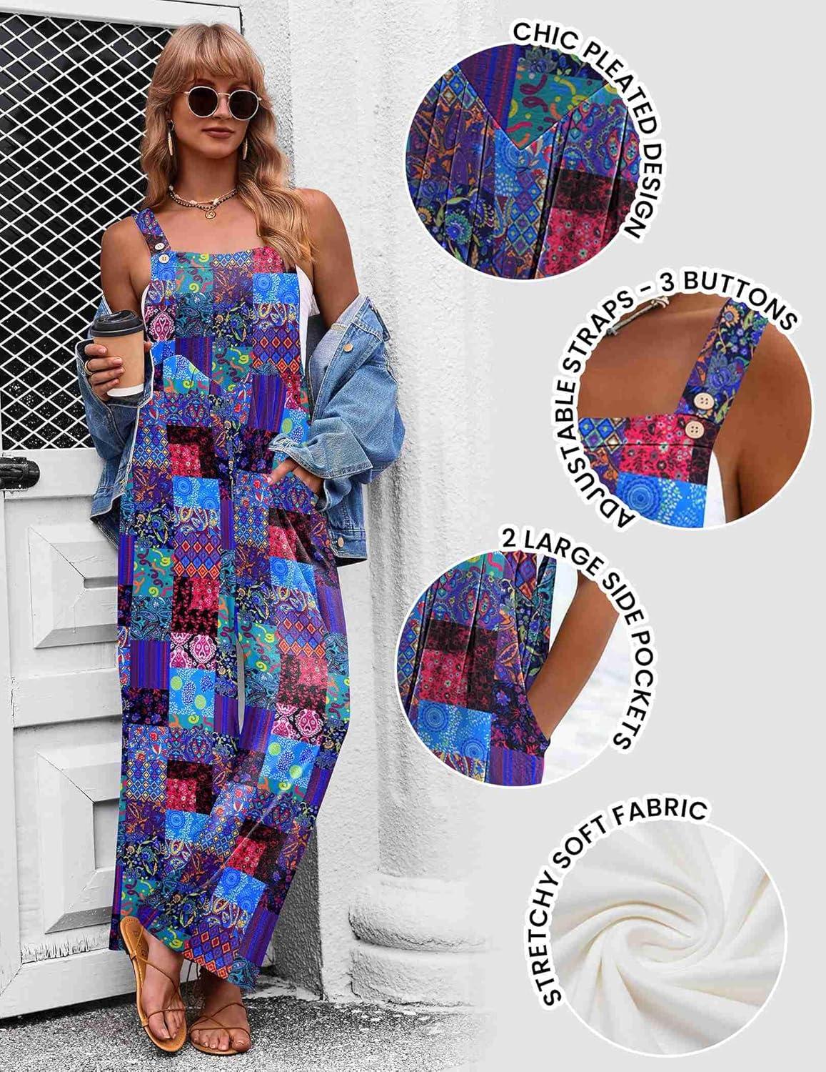 imageEkouaer Womens Casual Overalls Loose Wide Leg Jumpsuits Summer Boho Floral Printed Baggy Rompers with PocketsA Blue Boho Print