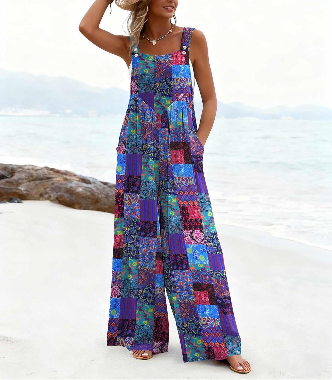 imageEkouaer Womens Casual Overalls Loose Wide Leg Jumpsuits Summer Boho Floral Printed Baggy Rompers with PocketsA Blue Boho Print