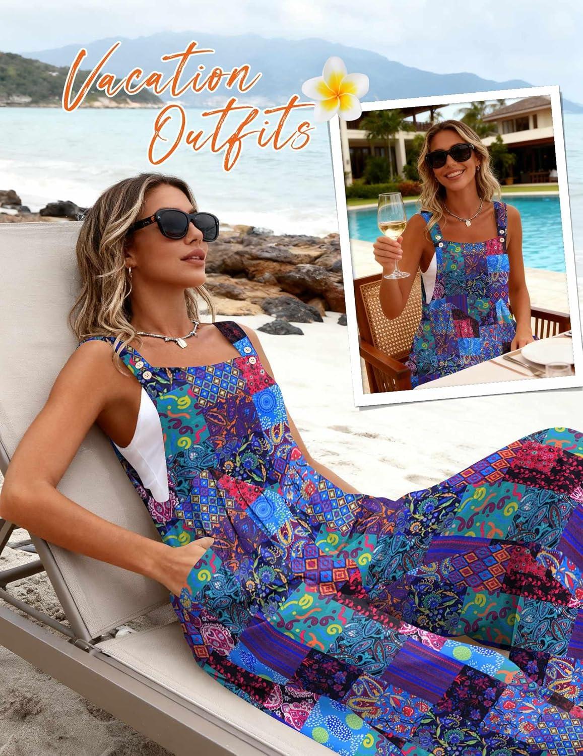 imageEkouaer Womens Casual Overalls Loose Wide Leg Jumpsuits Summer Boho Floral Printed Baggy Rompers with PocketsA Blue Boho Print