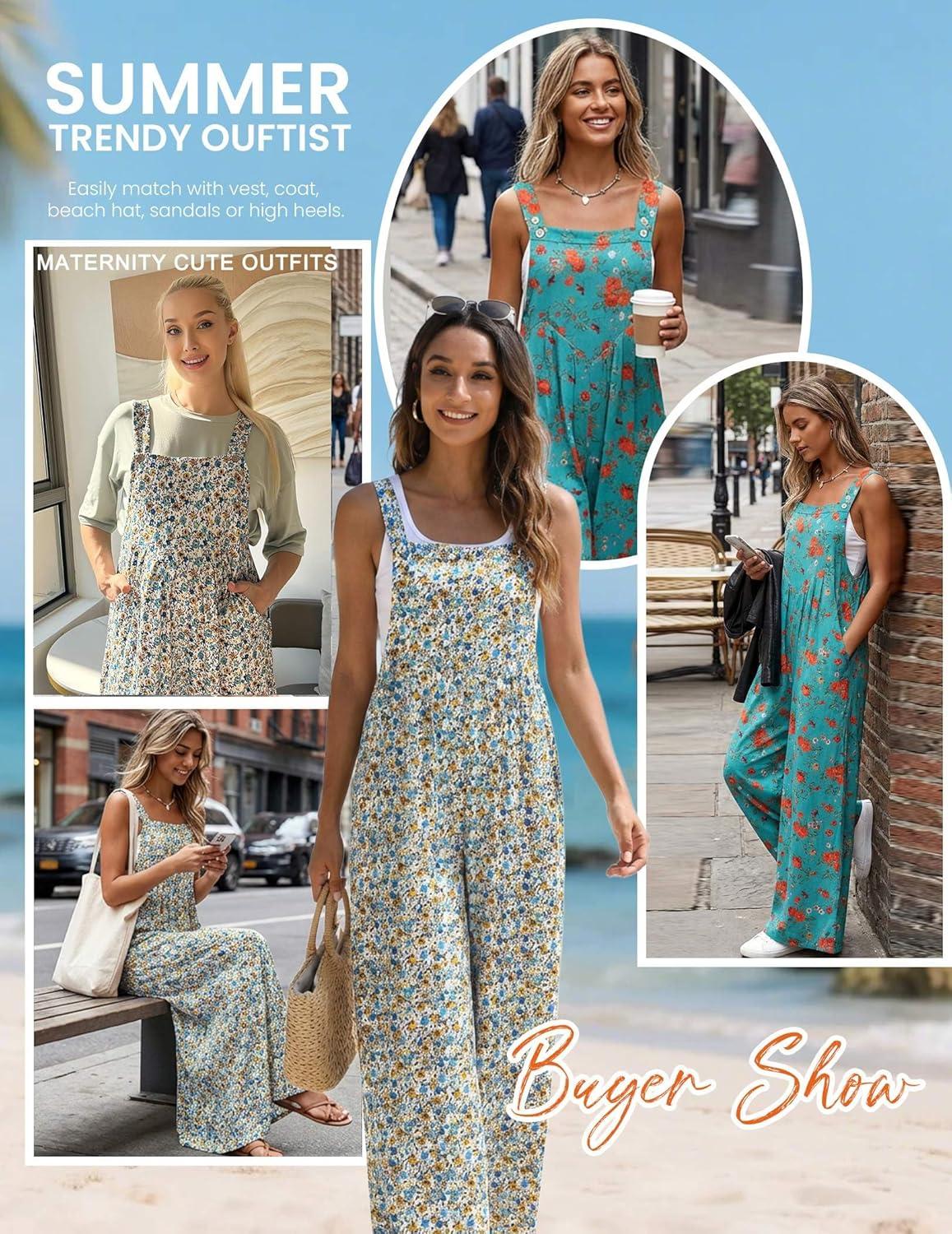 imageEkouaer Womens Casual Overalls Loose Wide Leg Jumpsuits Summer Boho Floral Printed Baggy Rompers with PocketsGreen Blue Floral