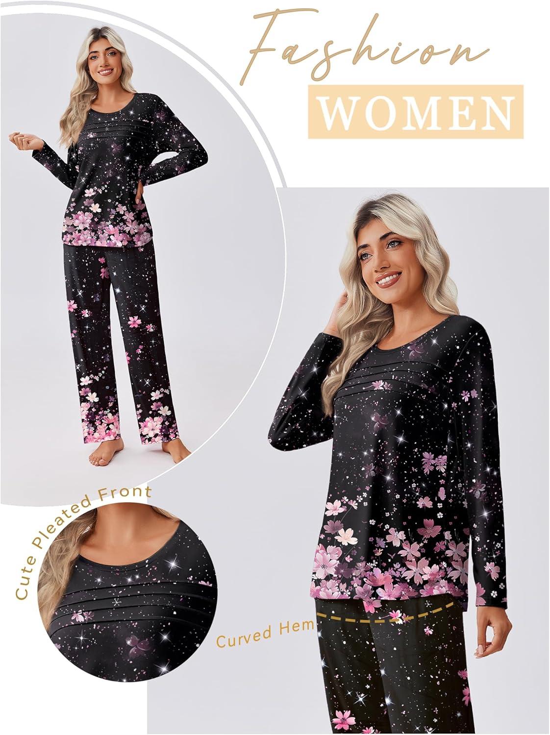 imageEkouaer Womens Pajama Sets Pleated Tops with Long Pants Lounge Set Long Sleeve Fall Sleepwear Ladies Pjs SXXLBlack Floral